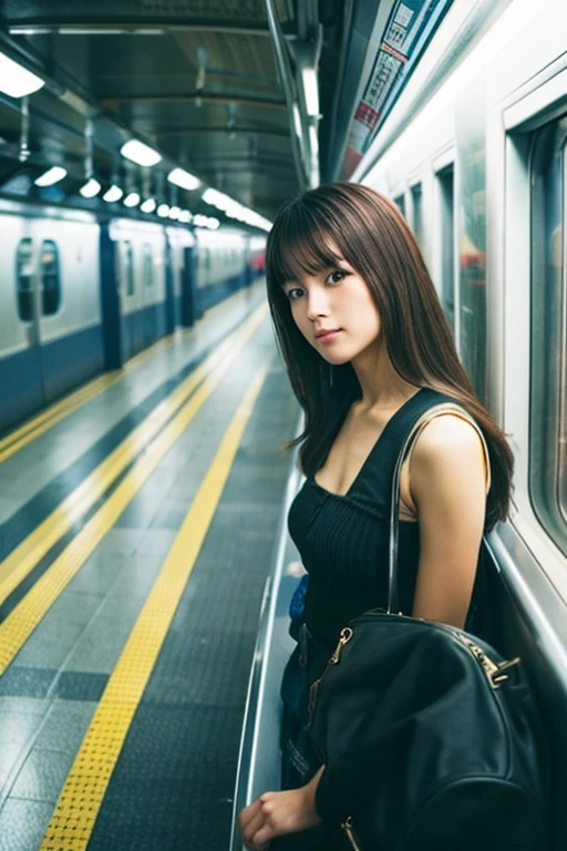 (hight resolution),A Japanese Lady,Angle from diagonally forward,On the train,Looking here,