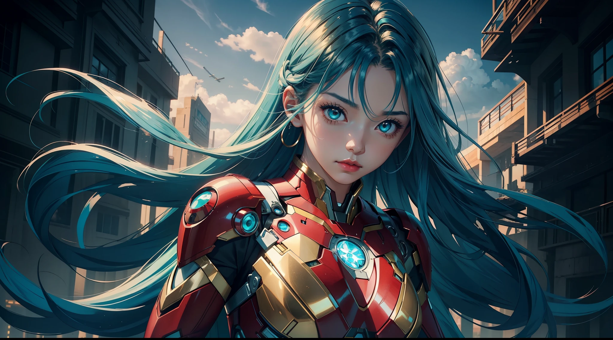 (1girl)、solo, seen from the front，(((cyan hair))), hair straight， mostly cloudy sky，（（（tmasterpiece），（Very detailed CG unity 8K wallpaper），best qualtiy，cinmatic lighting，detailed back ground，beatiful detailed eyes，，Redlip（Very fine and beautiful），（Beautiful and detailed eye description），ultra - detailed，tmasterpiece，）），facing at camera，A high resolution，ultra - detailed）,独奏、__Body parts__、offcial art、统一 8k 壁纸、ultra - detailed、Beauty and aestheticig breasts beautiful、tmasterpiece、best qualtiy、Fantastical Atmosphere、calm color palette、Tranquil Mood、soft shade、Bigchest，Big breasts Thin waist，revealing breastare lower body，Background with：aerodrome，Planes，Iron Man，Wearing：Iron Man uniform，Armour，Gold wire embroidery