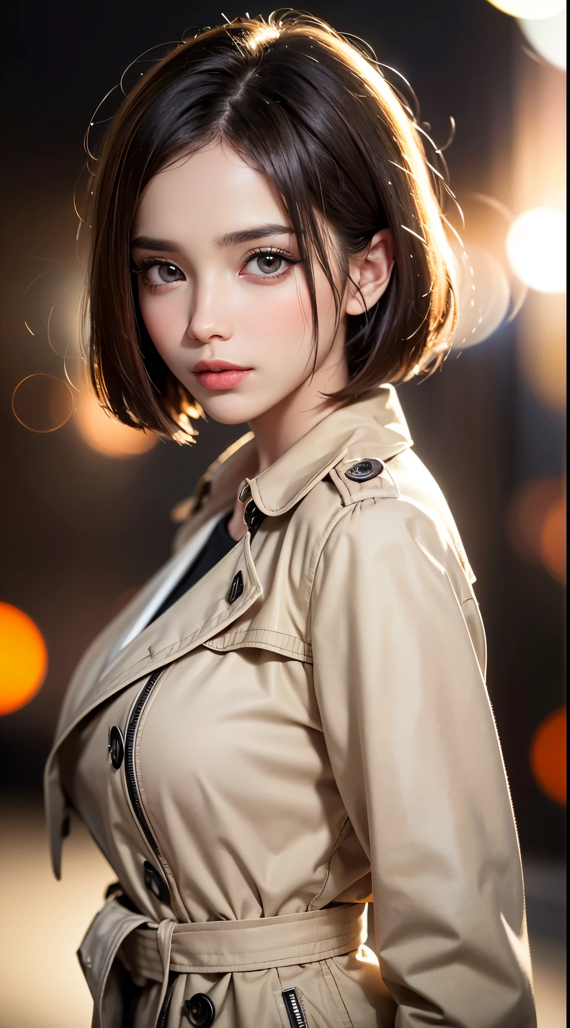 (UHD, retina, masterpiece, accurate, anatomically correct, textured skin, super detail, high details, high quality, best quality, high res, 1080P, HD, 4K, 8k, 16k), (beautiful detailed eyes, beautiful detailed lips, extremely detailed eyes and face), studio lighting, physically-based rendering, vivid colors, (large breasts, glamorous body), (beige trench coat), (portrait, bob cut, shiny hair, shiny skin, blush), (bokeh:1.5), eye reflection,