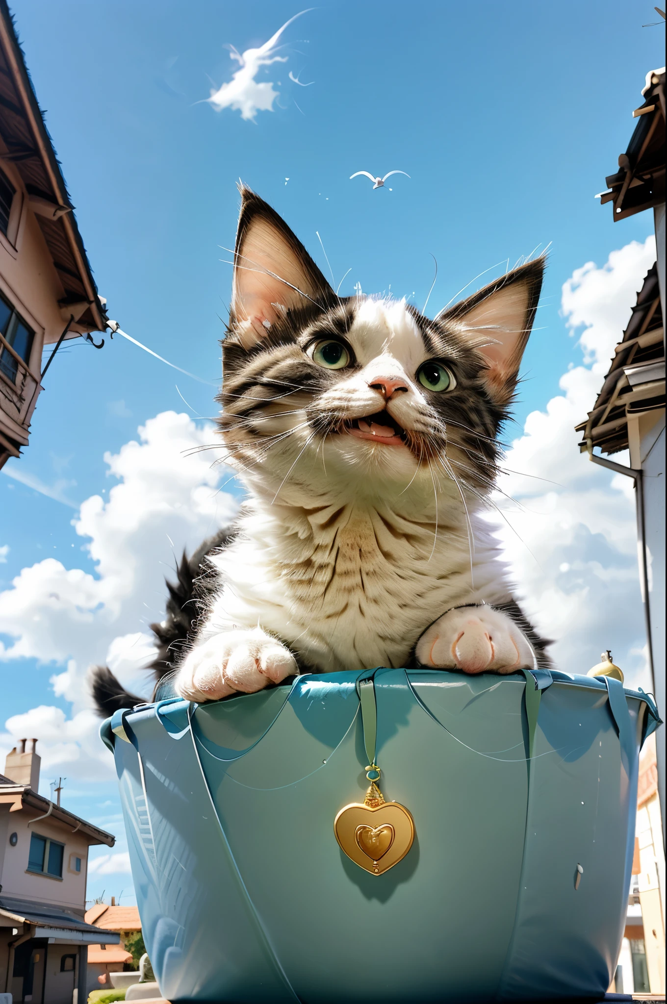there is a cat that is looking up at the sky, a picture by Niko Henrichon, unsplash, photorealism, rinko kawauchi, whiskers, licking out, cat eating, shot from below, cat is floating in air, happy cat, photo of a cat, !!! cat!!!, seen from below, looking upwards, funny cat, tuxedo cat
