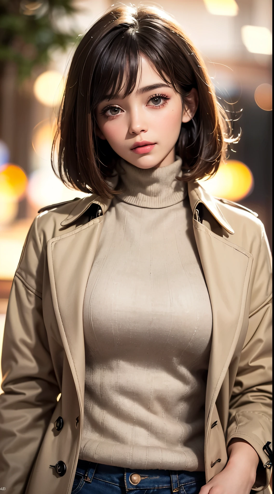 (UHD, retina, masterpiece, accurate, anatomically correct, textured skin, super detail, high details, high quality, best quality, high res, 1080P, HD, 4K, 8k, 16k), (beautiful detailed eyes, beautiful detailed lips, extremely detailed eyes and face), studio lighting, physically-based rendering, vivid colors, (large breasts, glamorous body), (beige trench coat, turtleneck sweater), (portrait, bob cut, shiny hair, shiny skin, blush), (bokeh:1.5), eye reflection,