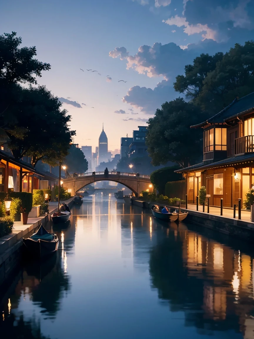 City of Water,Reflecting Buildings,Reflection shining on the surface of the water,Dynamic city skyline,Twinkling lights,Gentle canals,Waterfront Architecture,rich greenery,Boating activities,tranquil atmosphere,Soft pastel color palette,long exposure photo,night lights,Romantic atmosphere,Detailed textures,High dynamic range,Crystal clear reflection,Gorgeous sunset,Scenic bridges,Cityscape reflected on the surface of the water,Tranquility and tranquility,Peaceful City Retreat (Peaceful City Re,romantic gondola ride,foggy morning,ethereal beauty, dreamlike landscape,City of Dreams,oasis, Water Paradise,Symbiosis of water and life,Seagulls flying gracefully,ripple on water,The arch of the bridge reflected in the water,Floating Market,Heavenly cityscape.