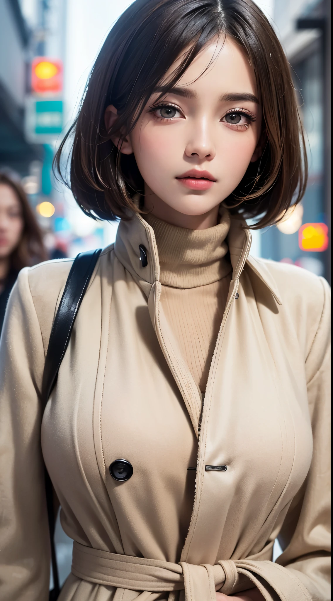 (UHD, retina, masterpiece, accurate, anatomically correct, textured skin, super detail, high details, high quality, best quality, high res, 1080P, HD, 4K, 8k, 16k), (beautiful detailed eyes, beautiful detailed lips, extremely detailed eyes and face), studio lighting, physically-based rendering, vivid colors, (large breasts, glamorous body), (beige trench coat, turtleneck sweater), (portrait, bob cut, shiny hair, shiny skin, blush), (urban streetscape, bokeh), eye reflection,