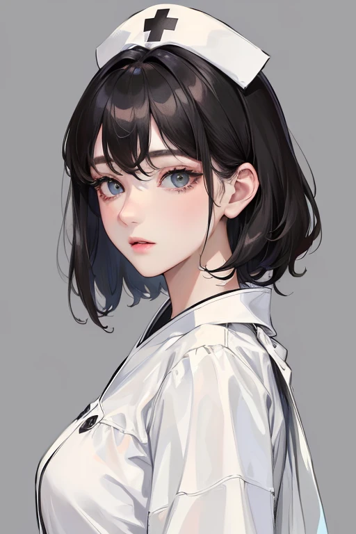 (Top resolution、Distinct_image)top-quality、femele、​masterpiece、ighly detailed、Semi-realistic、Black short hair、Dark hair、grey  eyes、25-years old、Mature、年轻、exquisite facial features acial features,Nurse,White costume:1.5