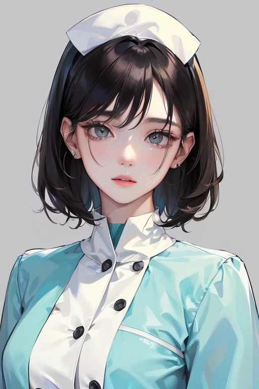 (Top resolution、Distinct_image)top-quality、femele、​masterpiece、ighly detailed、Semi-realistic、Black short hair、Dark hair、grey  eyes、25-years old、Mature、年轻、exquisite facial features acial features,Nurse,White costume:1.5
