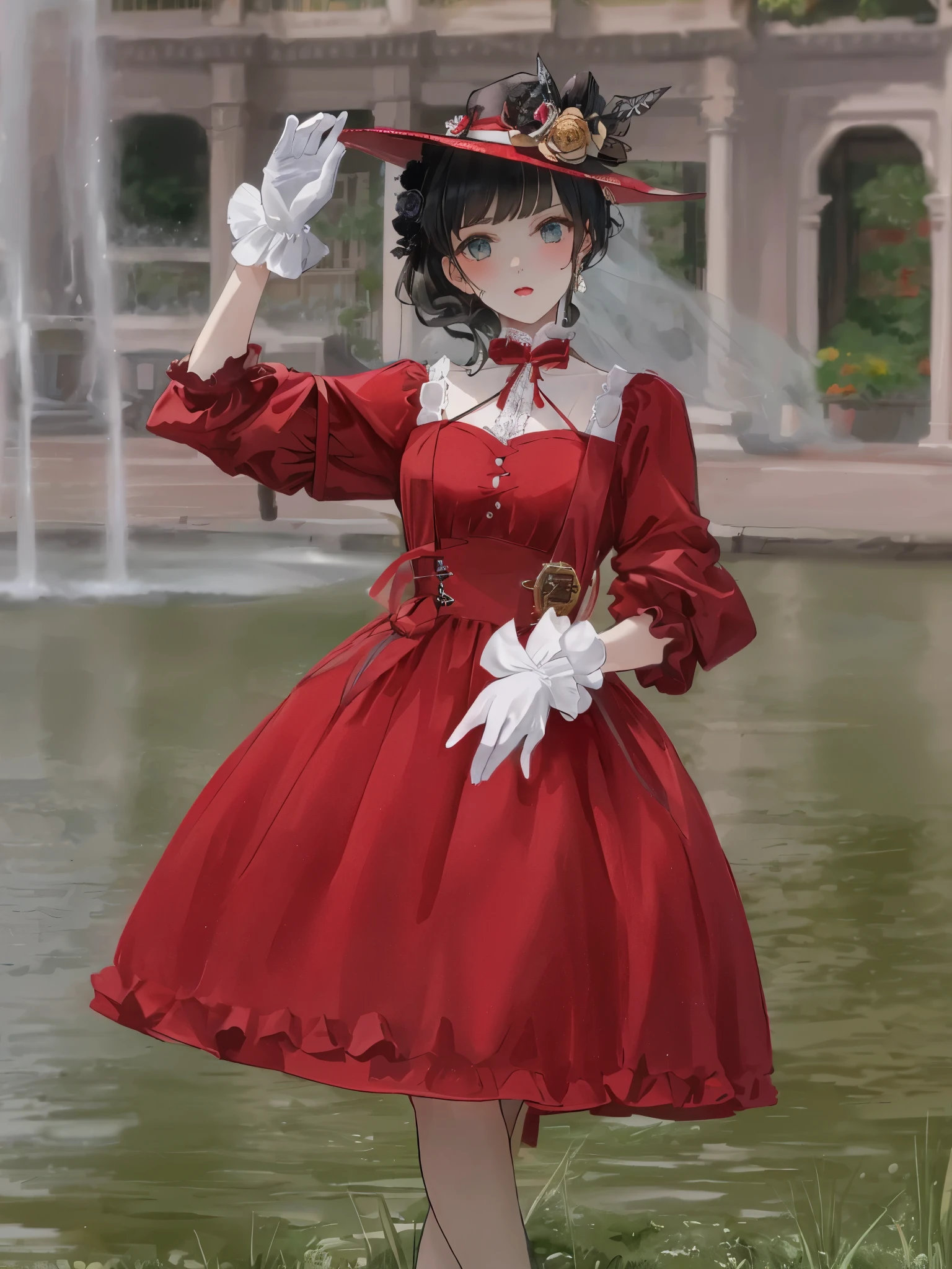 araffe dressed in a red dress and hat standing in front of a fountain, in a red victorian era dress, rococo dress, victorian gothic lolita fashion, victorian inspired clothing, victorian style costume, victorian dress, in detailed steampunk dress, red dress and magic witch hat, in victorian aristocrat, lolita fashion, lolita style, baroque dress