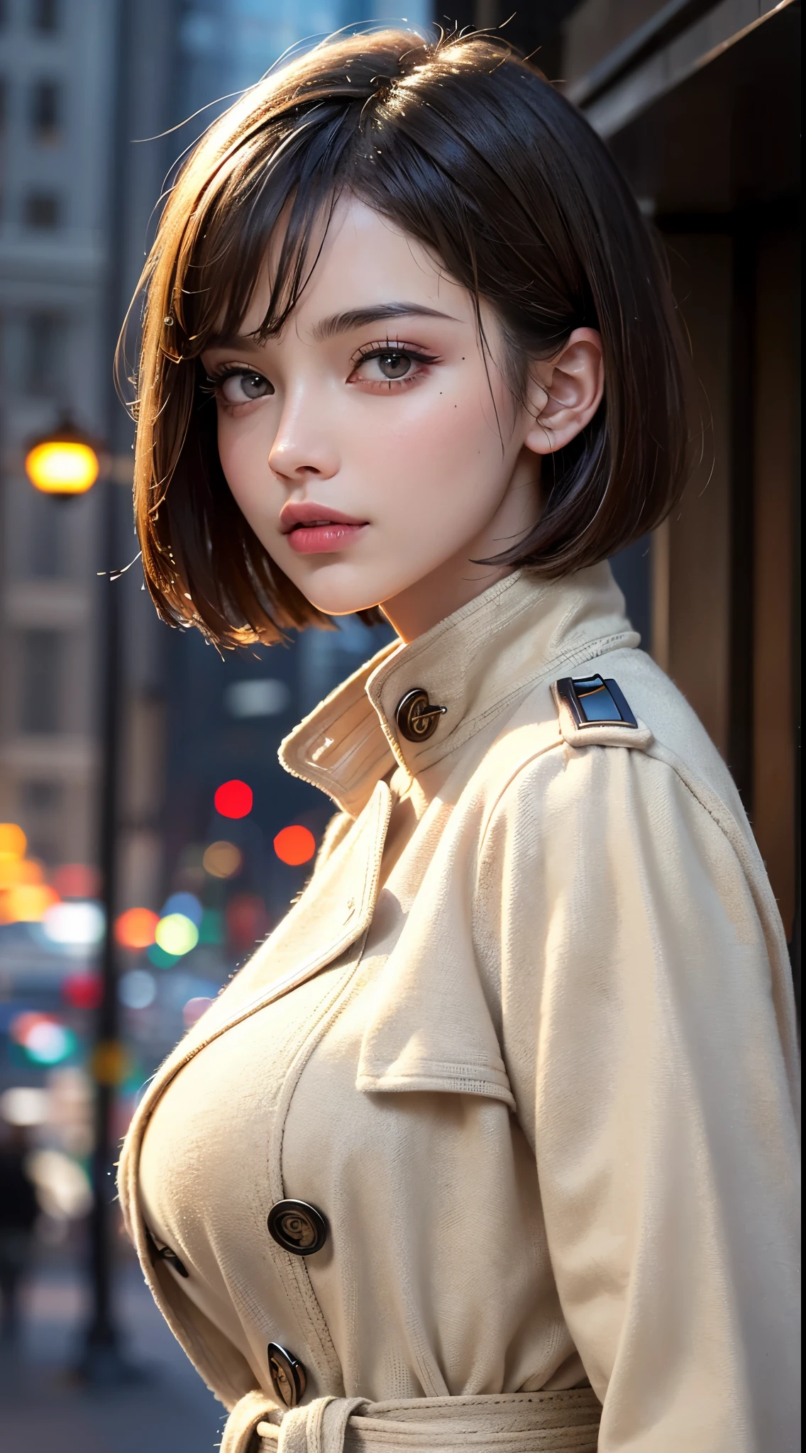 (UHD, retina, masterpiece, accurate, anatomically correct, textured skin, super detail, high details, high quality, best quality, high res, 1080P, HD, 4K, 8k, 16k), (beautiful detailed eyes, beautiful detailed lips, extremely detailed eyes and face), studio lighting, physically-based rendering, vivid colors, (large breasts, glamorous body), (beige trench coat, turtleneck sweater), (portrait, bob cut, shiny hair, shiny skin, blush), (a glass building that reflects the lights of buildings and the city, bokeh), eye reflection,