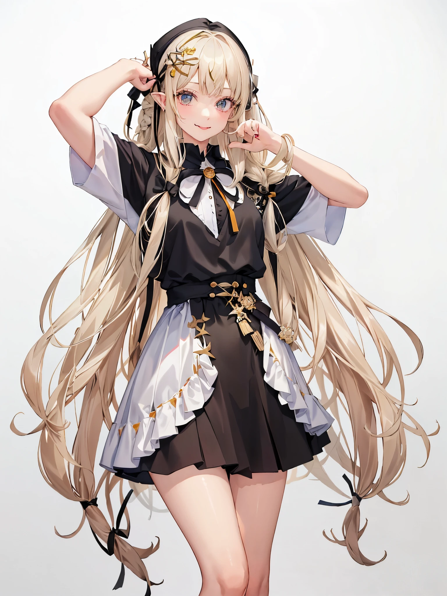 artworks, Best quality at best, girl, lon hair alternative, absurdly long hair, blonde the hair, bow the hair, Water-colored eyes, lusty  smile, Tongue stock, 黑The eye, Long eyelashes, , Mole on the ?????, white  shirt, black short skirt, footwear, duration, the hair ribbons, florals ribbons, the hair_ribbons, the hair_ribbons, the hair_florals