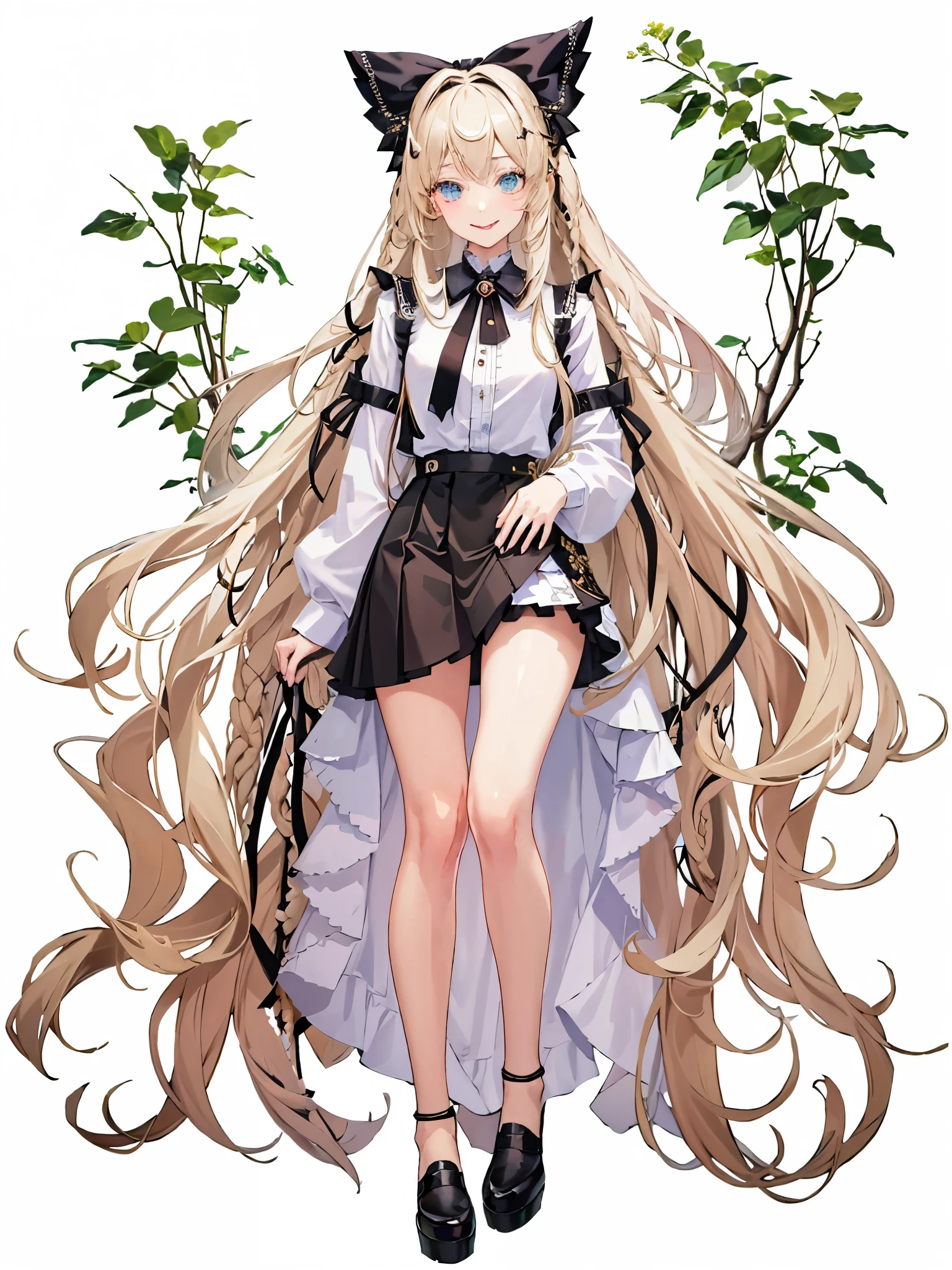 artworks, Best quality at best, girl, lon hair alternative, absurdly long hair, blonde the hair, bow the hair, Water-colored eyes, lusty smile, Tongue stock, 黑The eye, Long eyelashes, , Mole on the chest, white shirt, black short skirt, footwear, duration, the hair ribbons, florals ribbons, the hair_ribbons, the hair_ribbons, the hair_florals