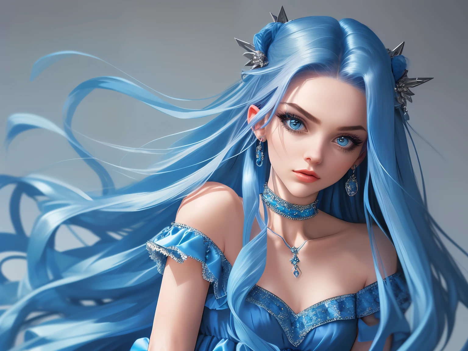 Best quality at best, masterious, detailed hair, A high resolution, (((Itching))) ,choker necklace, hair adornments, (pretty  face), a blue dress, looking at viewert, Blue hair, Permanent, （Above the waist），Medusa
