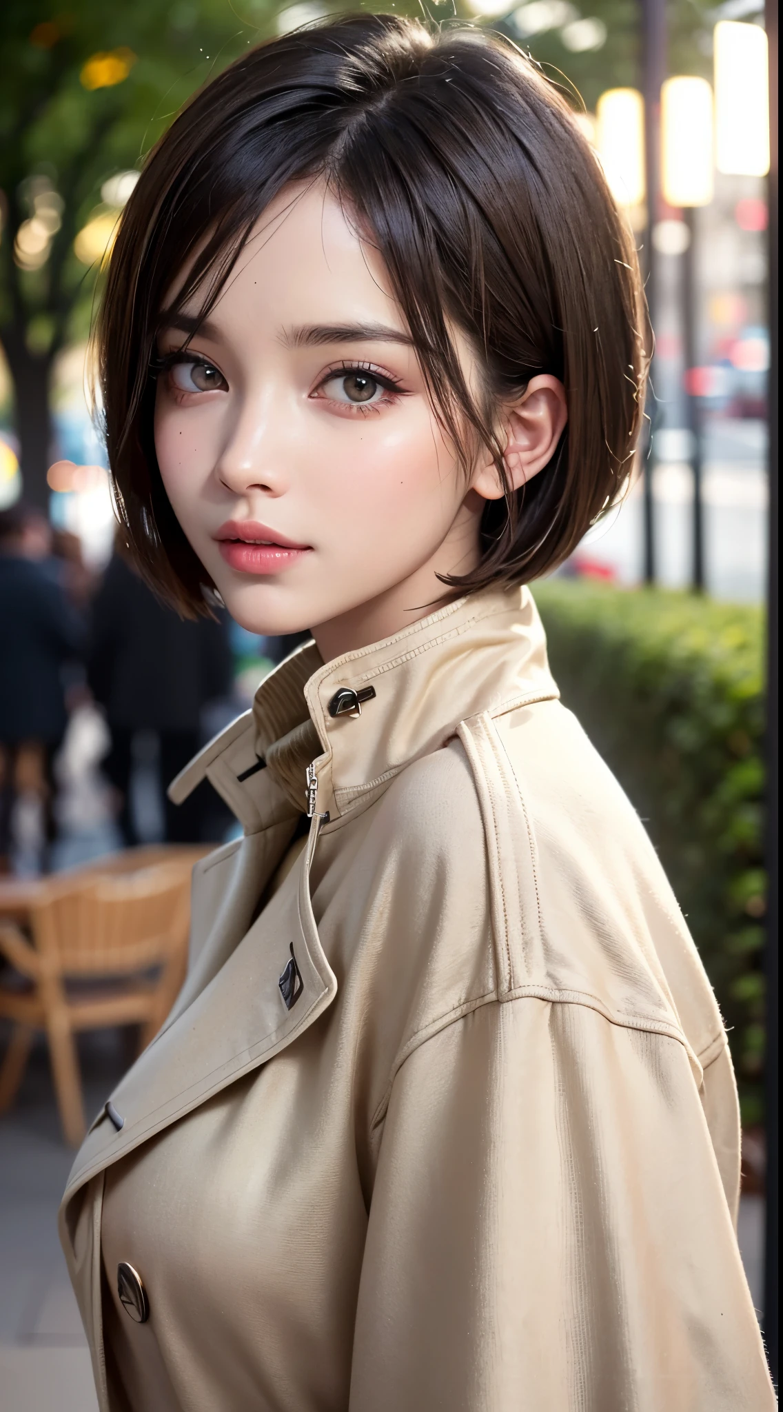 (UHD, retina, masterpiece, accurate, anatomically correct, textured skin, super detail, high details, high quality, best quality, high res, 1080P, HD, 4K, 8k, 16k), (beautiful detailed eyes, beautiful detailed lips, extremely detailed eyes and face), studio lighting, physically-based rendering, vivid colors, (large breasts, glamorous body), (beige trench coat, turtleneck sweater), (portrait, bob cut, shiny hair, shiny skin, blush), (parks and gardens, bokeh), eye reflection,