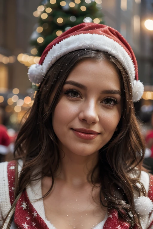 (best quality,4k,highres),Moyra in Christmas, Santa hat, Christmas tree in the background, (vibrant colors:1.1), detailed eyes and lips, joyful expression, (festive atmosphere), cozy winter scene, (realistic lighting:1.2), sparkling ornaments, (soft glow), snow-covered landscape, (artistic rendering), holiday spirit, (magical ambiance), cheerful mood, (festive attire), (detailed decorations), (bokeh effect), (captivating composition)