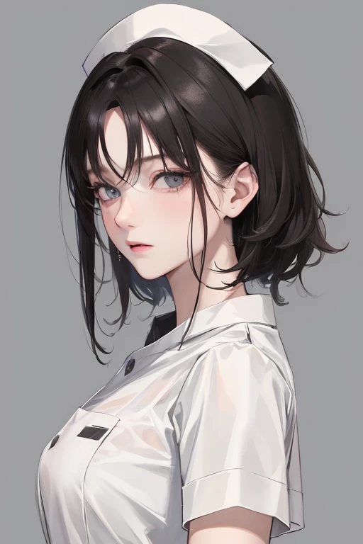 (Top resolution、Distinct_image)top-quality、femele、​masterpiece、ighly detailed、Semi-realistic、Black short hair、Dark hair、grey  eyes、bangss、25-years old、Mature、年轻、絶妙なFacial features、Facial features,nurse