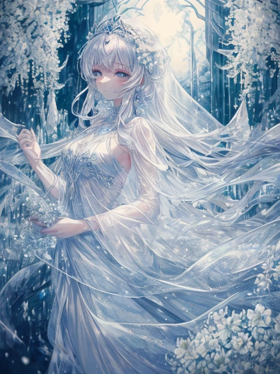 scenecy, Paradise in Heaven, White lighting,(masutepiece), (Best Quality), (Cinematic), 8K, (art  stations), Li Yue painting style. (長い白い髪とSilvery eyesを持つ1人の女), (流れるような白くSheerドレス)、(Beautiful delicate face)、[ Particle Lou Full Moon] [Frozen trees々] [landscape crystal] [Lighting] [Ethereal Atmosphere]:1.1] [Fantasy, short story] [soft Lighting] [+Cinematic shot]:1.2 [+art  stations] [+luminous white background] [+soft Lighting] [soft glow] [Creative and dynamic angles]:1.3, [+Crystal Toning] 、masutepiece, ighly detailed, Ultra-detailed, Solo, (pale skin), Silvery eyes, Frosty white hair, (snowy background), snowflake rosen flower:1.5), (crystal crown), (shining crystal), (((白くSheerドレス))), (Snowy ground), (Icy breath), (Frozen lashes), 花のある部屋に立つSheer繊細なウェディングドレスを着た美女, Female sexy、luxurious wedding, very magical and dreamy, dreamy and detailed, ethereal fairy tale, The setting of a fairy tale:, 贅沢なSheer薄いドレス, dreamy diamond、たくさんのクリスタルが付いたSheerドレス, fantasy sheer dress, A magical dress with a transparent chest, crystal see-through dress, Woman in a transparent dress with sparkling flowersな雰囲気とドラマ, Gorgeous setting, long luxurious intricate sheer gown, 妖しい雰囲気 masutepiece, The most beautiful scenes, An majestic、(((full of white flowers)))、quiet and serene atmosphere、A charming, Sheer,The nipple is visible、large boob、sexy-S 100,たくさんのクリスタルが付いたSheerドレス, fantasy sheer dress, Transparent chest dress, crystal see-through dress, Woman in a transparent dress with sparkling flowers, intricate fantasy sheer dress, transparent rainbow color, Detailed translucent costume design, transparent dress, a stunning young ethereal figure, Bejeweled Opal Statue, fantasy transparent costume,pure white and dazzling、all white tones,Inside the crystal library,Transparent flowers and falling snow，Many white roses were planted,flowingwater,falls,water bloom,The decoration is also carefully done.,Dreamy（ighly detailedです，Creative Design，crisp and precise lines，K HD，best qualtiy，tmasterpiece，超A high resolution，4K）、modeled、Diverse poses、beautiful hair ornament、Beautiful hairstyle、Full body view、グラビアmodeled、Overhead view, look from above,