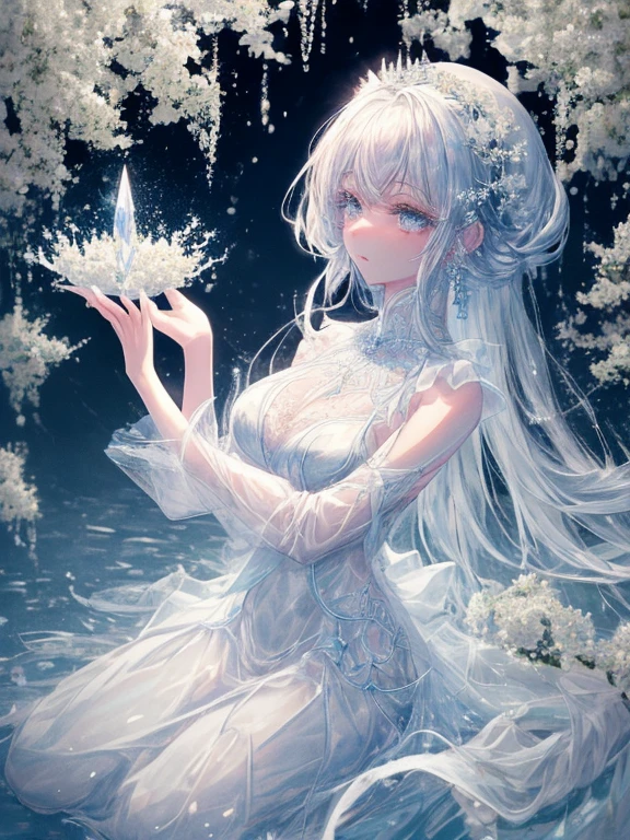 scenecy, Paradise in Heaven, White lighting,(masutepiece), (Best Quality), (Cinematic), 8K, (art  stations), Li Yue painting style. (長い白い髪とSilvery eyesを持つ1人の女), (流れるような白くSheerドレス)、(Beautiful delicate face)、[ Particle Lou Full Moon] [Frozen trees々] [landscape crystal] [Lighting] [Ethereal Atmosphere]:1.1] [Fantasy, short story] [soft Lighting] [+Cinematic shot]:1.2 [+art  stations] [+luminous white background] [+soft Lighting] [soft glow] [Creative and dynamic angles]:1.3, [+Crystal Toning] 、masutepiece, ighly detailed, Ultra-detailed, Solo, (pale skin), Silvery eyes, Frosty white hair, (snowy background), snowflake rosen flower:1.5), (crystal crown), (shining crystal), (((白くSheerドレス))), (Snowy ground), (Icy breath), (Frozen lashes), 花のある部屋に立つSheer繊細なウェディングドレスを着た美女, Female sexy、luxurious wedding, very magical and dreamy, dreamy and detailed, ethereal fairy tale, The setting of a fairy tale:, 贅沢なSheer薄いドレス, dreamy diamond、たくさんのクリスタルが付いたSheerドレス, fantasy sheer dress, A magical dress with a transparent chest, crystal see-through dress, Woman in a transparent dress with sparkling flowersな雰囲気とドラマ, Gorgeous setting, long luxurious intricate sheer gown, 妖しい雰囲気 masutepiece, The most beautiful scenes, An majestic、(((full of white flowers)))、quiet and serene atmosphere、A charming, Sheer,The nipple is visible、large boob、sexy-S 100,たくさんのクリスタルが付いたSheerドレス, fantasy sheer dress, Transparent chest dress, crystal see-through dress, Woman in a transparent dress with sparkling flowers, intricate fantasy sheer dress, transparent rainbow color, Detailed translucent costume design, transparent dress, a stunning young ethereal figure, Bejeweled Opal Statue, fantasy transparent costume,pure white and dazzling、all white tones,Inside the crystal library,Transparent flowers and falling snow，Many white roses were planted,flowingwater,falls,water bloom,The decoration is also carefully done.,Dreamy（ighly detailedです，Creative Design，crisp and precise lines，K HD，best qualtiy，tmasterpiece，超A high resolution，4K）、modeled、Diverse poses、beautiful hair ornament、Beautiful hairstyle、Full body view、グラビアmodeled、Overhead view, look from above,