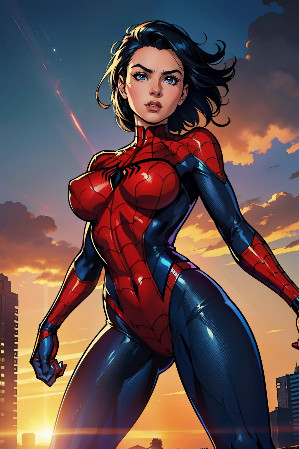 ((Realstic)) and ultra-detailed photography of a woman, dramatic perspective, sexy pose, spidergirl, spiderowoman, action pose, pin-up art, sunny, sunlight, daylight, daytime, woman is lit from the front, rim lighting, woman is well lit, sexy, beautiful woman, glowing skin, cinematic lighting, soft shadows
