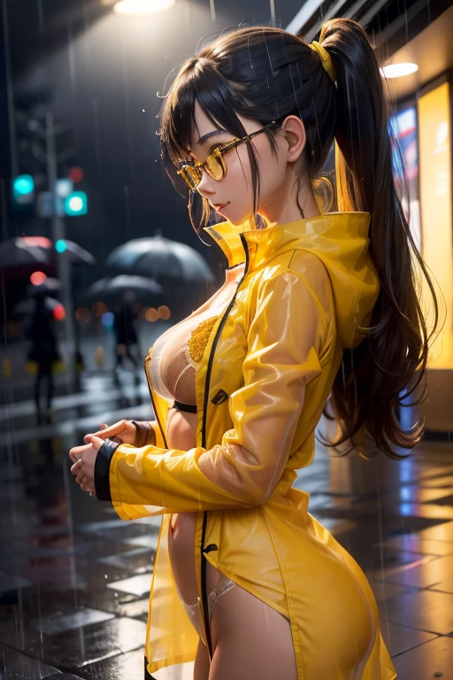 (from the side:1.5), Upper body, 1 beautiful Thai girl, long hair in a ponytail,, bangs, eyeglasses, Naughty smile, Over-ear headphones, slim waist, natural small breast, perky tits, stand solemnly, (rain coat, See-Through, Very large size, yellow:1.5), (open chest:1.5), backlit, silhouette, city, night light, anime, ultra highres