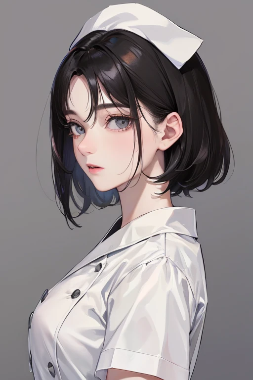 (Top resolution、Distinct_image)top-quality、femele、masterpiece、ighly detailed、Semi-realistic、Black short hair、Dark hair、grey eyes、bangss、25-years old、Mature、年轻、絶妙なFacial features、Facial features,nurse
