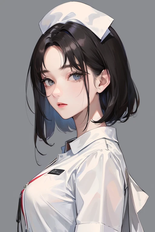 (Top resolution、Distinct_image)top-quality、femele、​masterpiece、ighly detailed、Semi-realistic、Black short hair、Dark hair、grey  eyes、bangss、25-years old、Mature、年轻、絶妙なFacial features、Facial features,nurse