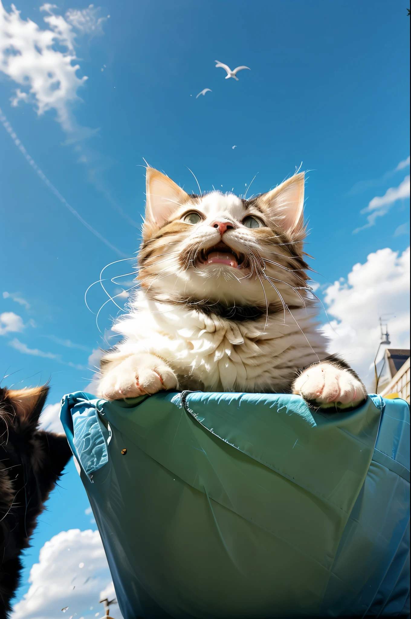 there is a cat that is looking up at the sky, a picture by Niko Henrichon, unsplash, photorealism, rinko kawauchi, whiskers, licking out, cat eating, shot from below, cat is floating in air, happy cat, photo of a cat, !!! cat!!!, seen from below, looking upwards, funny cat, tuxedo cat