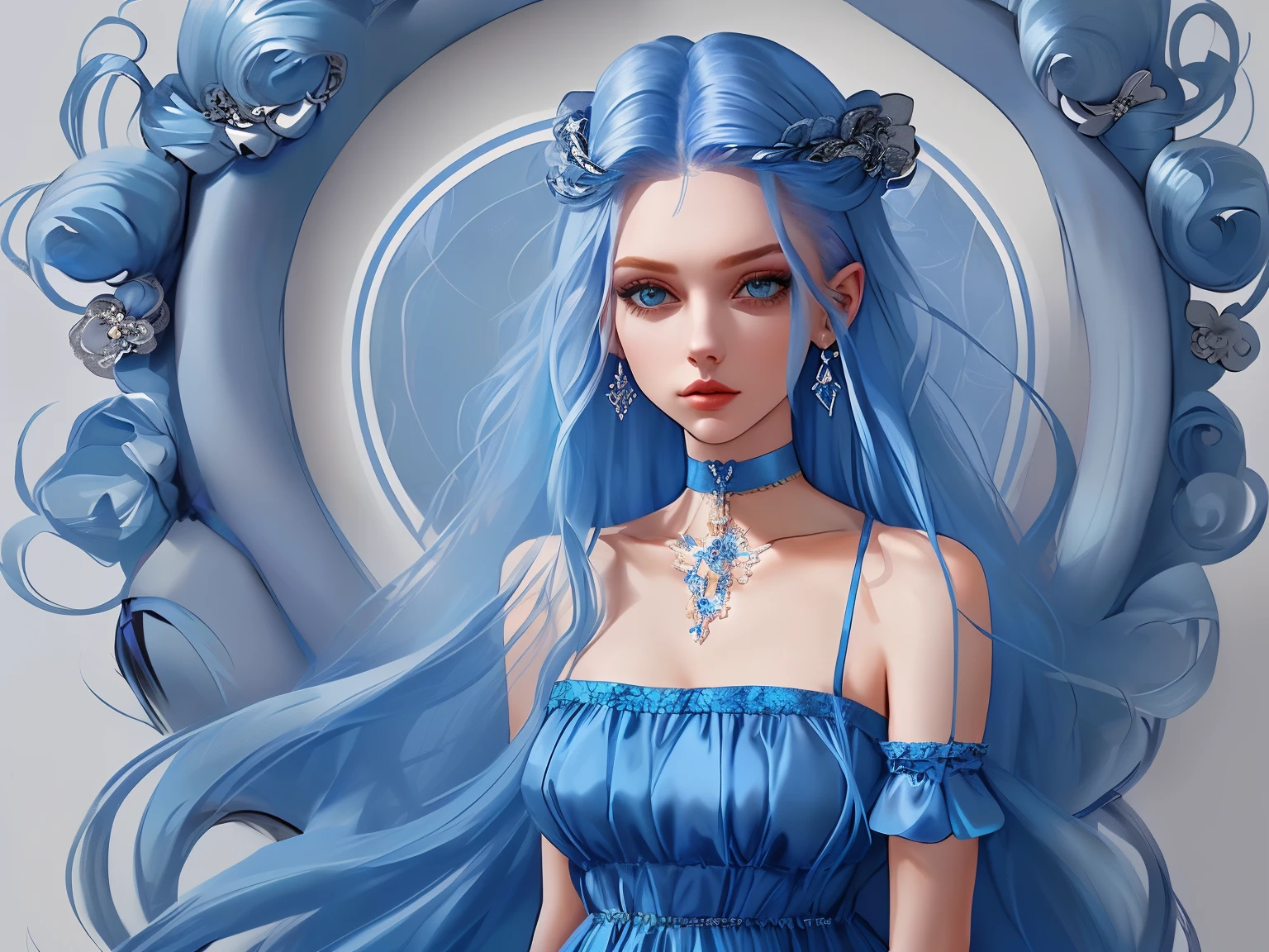 Best quality at best, masterious, detailed hair, A high resolution, (((Itching))) ,choker necklace, hair adornments, (pretty face), a blue dress, looking at viewert, Blue hair, Permanent, (Above the waist),Medusa