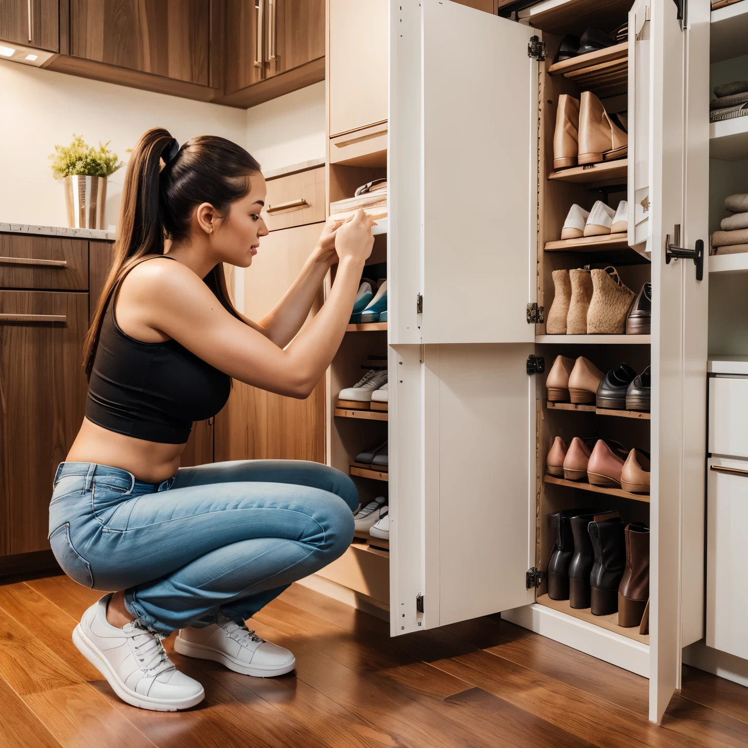 Real product usage photos, The woman at home squats down and checks the storage boxes on the shoe cabinet shelf, Hand on the handle of the box, Easy to use, high high quality, Light warm tones,product introduction photos, Easy to understand, stunning visuals, wide range of colors, vibrant and vivid, elegant appearance, Young woman