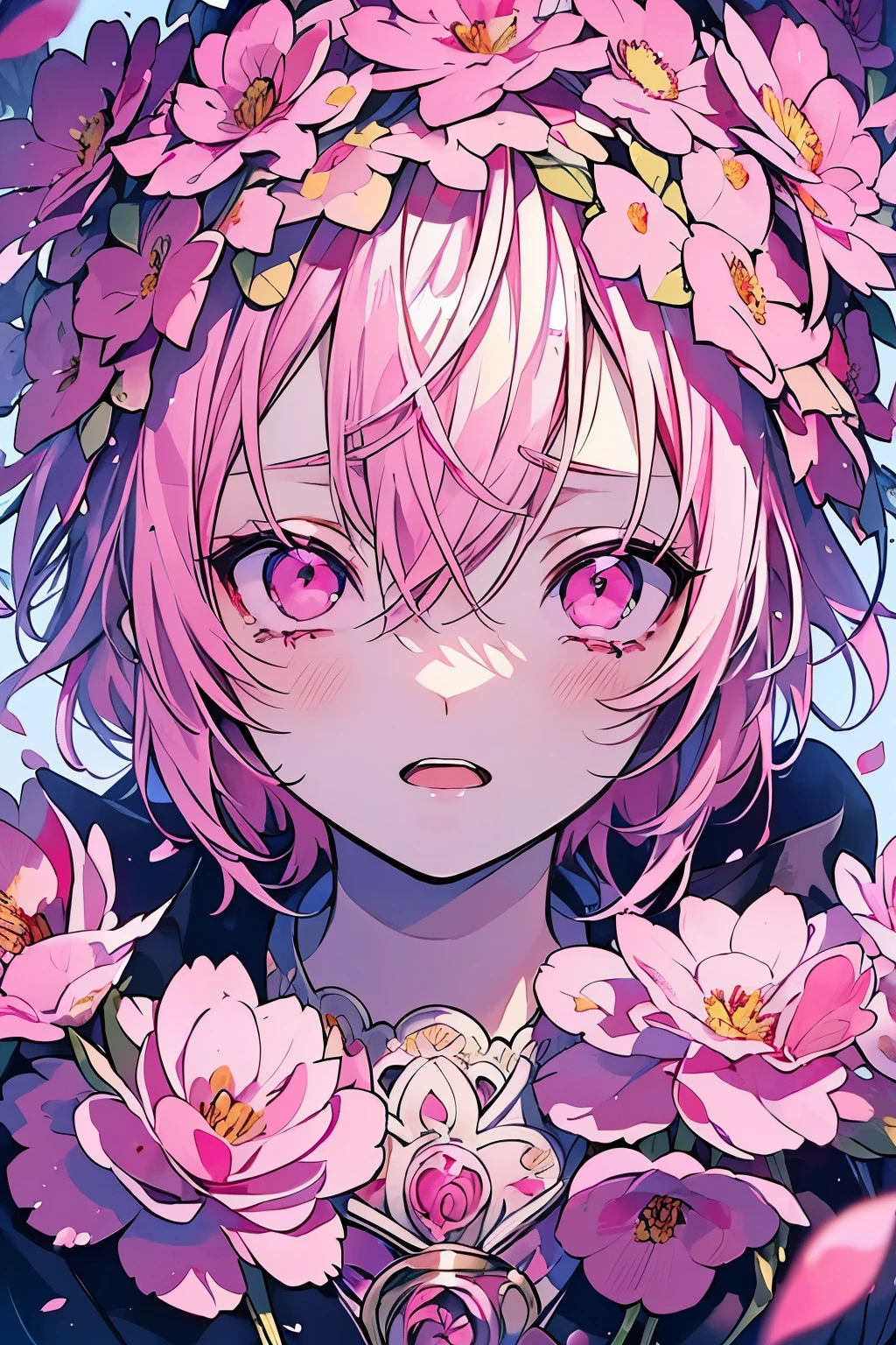 (masutepiece), (Best Quality), Highly detailed, 1 boy, Solo Focus,Perfect face, Beautiful face, extra detailed face,(Light pink hair:1.3),(Shining pink eyes:1.4),(Opening Mouth:1.4),(Lots of flowers:1.4),(Teary-eyed:1.3),(flower petals:1.4)