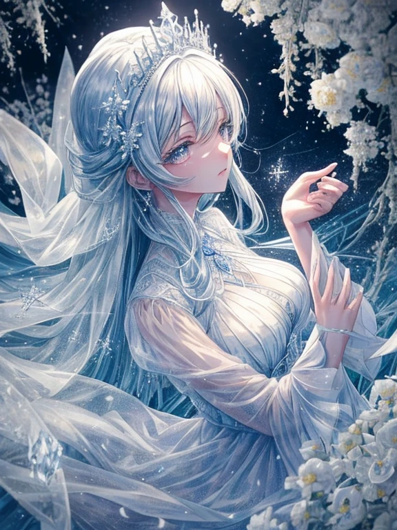 scenecy, Paradise in Heaven, White lighting,(masutepiece), (Best Quality), (Cinematic), 8K, (art  stations), Li Yue painting style. (長い白い髪とSilvery eyesを持つ1人の女), (流れるような白くSheerドレス)、(Beautiful delicate face)、[ Particle Lou Full Moon] [Frozen trees々] [landscape crystal] [Lighting] [Ethereal Atmosphere]:1.1] [Fantasy, short story] [soft Lighting] [+Cinematic shot]:1.2 [+art  stations] [+luminous white background] [+soft Lighting] [soft glow] [Creative and dynamic angles]:1.3, [+Crystal Toning] 、masutepiece, ighly detailed, Ultra-detailed, Solo, (pale skin), Silvery eyes, Frosty white hair, (snowy background), snowflake rosen flower:1.5), (crystal crown), (shining crystal), (((白くSheerドレス))), (Snowy ground), (Icy breath), (Frozen lashes), 花のある部屋に立つSheer繊細なウェディングドレスを着た美女, Female sexy、luxurious wedding, very magical and dreamy, dreamy and detailed, ethereal fairy tale, The setting of a fairy tale:, 贅沢なSheer薄いドレス, dreamy diamond、たくさんのクリスタルが付いたSheerドレス, fantasy sheer dress, A magical dress with a transparent chest, crystal see-through dress, Woman in a transparent dress with sparkling flowersな雰囲気とドラマ, Gorgeous setting, long luxurious intricate sheer gown, 妖しい雰囲気 masutepiece, The most beautiful scenes, An majestic、(((full of white flowers)))、quiet and serene atmosphere、A charming, Sheer,The nipple is visible、large boob、sexy-S 100,たくさんのクリスタルが付いたSheerドレス, fantasy sheer dress, Transparent chest dress, crystal see-through dress, Woman in a transparent dress with sparkling flowers, intricate fantasy sheer dress, transparent rainbow color, Detailed translucent costume design, transparent dress, a stunning young ethereal figure, Bejeweled Opal Statue, fantasy transparent costume,pure white and dazzling、all white tones,Inside the crystal library,Transparent flowers and falling snow，Many white roses were planted,flowingwater,falls,water bloom,The decoration is also carefully done.,Dreamy（ighly detailedです，Creative Design，crisp and precise lines，K HD，best qualtiy，tmasterpiece，超A high resolution，4K）、modeled、Diverse poses、beautiful hair ornament、Beautiful hairstyle、Full body view、グラビアmodeled、Overhead view, look from above,