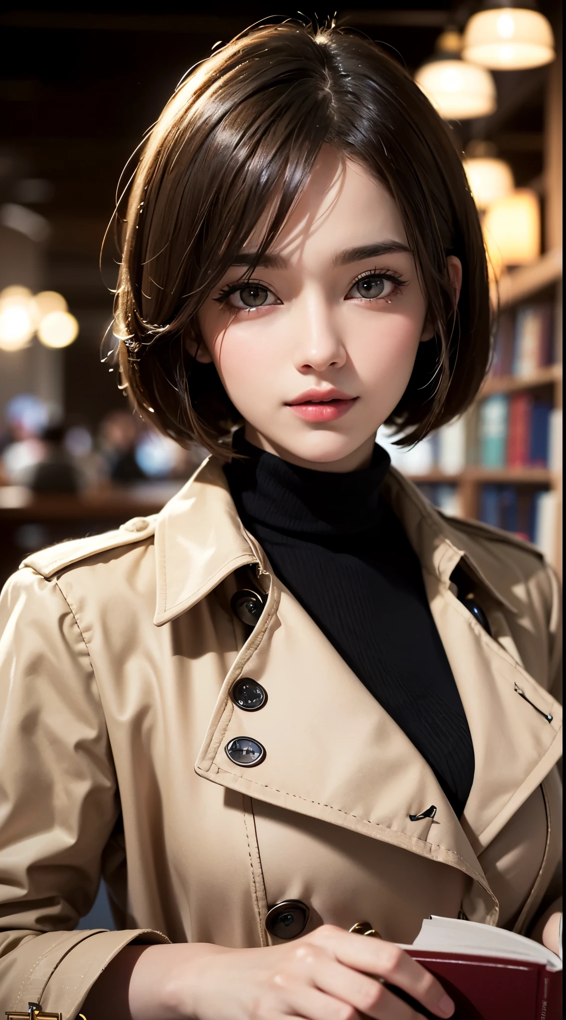 (UHD, retina, masterpiece, accurate, anatomically correct, textured skin, super detail, high details, high quality, best quality, high res, 1080P, HD, 4K, 8k, 16k), (beautiful detailed eyes, beautiful detailed lips, extremely detailed eyes and face), studio lighting, physically-based rendering, vivid colors, (large breasts, glamorous body), (beige trench coat, turtleneck sweater), (portrait, bob cut, shiny hair, shiny skin, blush), (cafe and bookstore, bokeh), eye reflection,