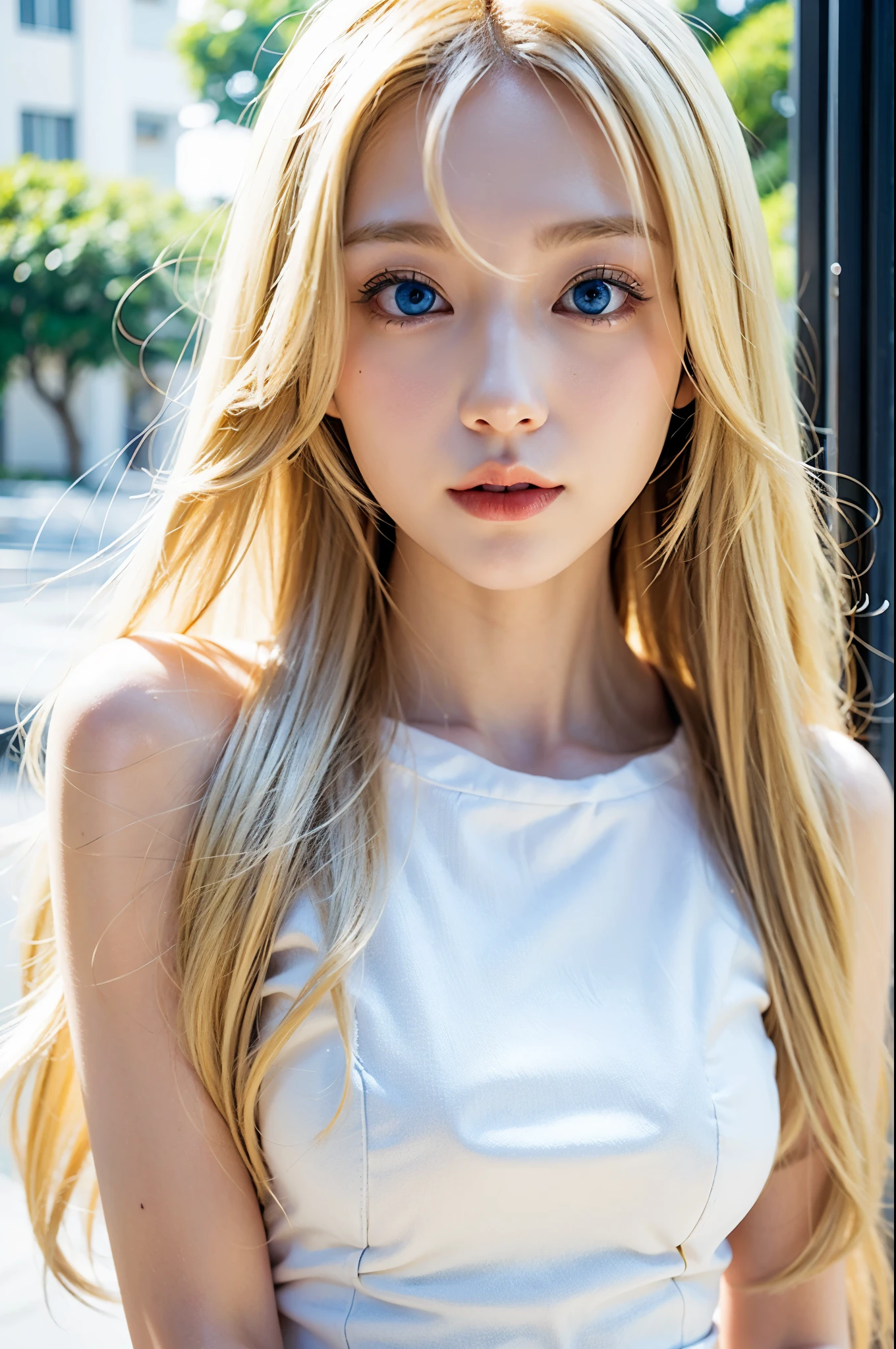 Japanese cartoon, the face, Blonde hair, eBlue eyes, long whitr hair, white backgrounid,