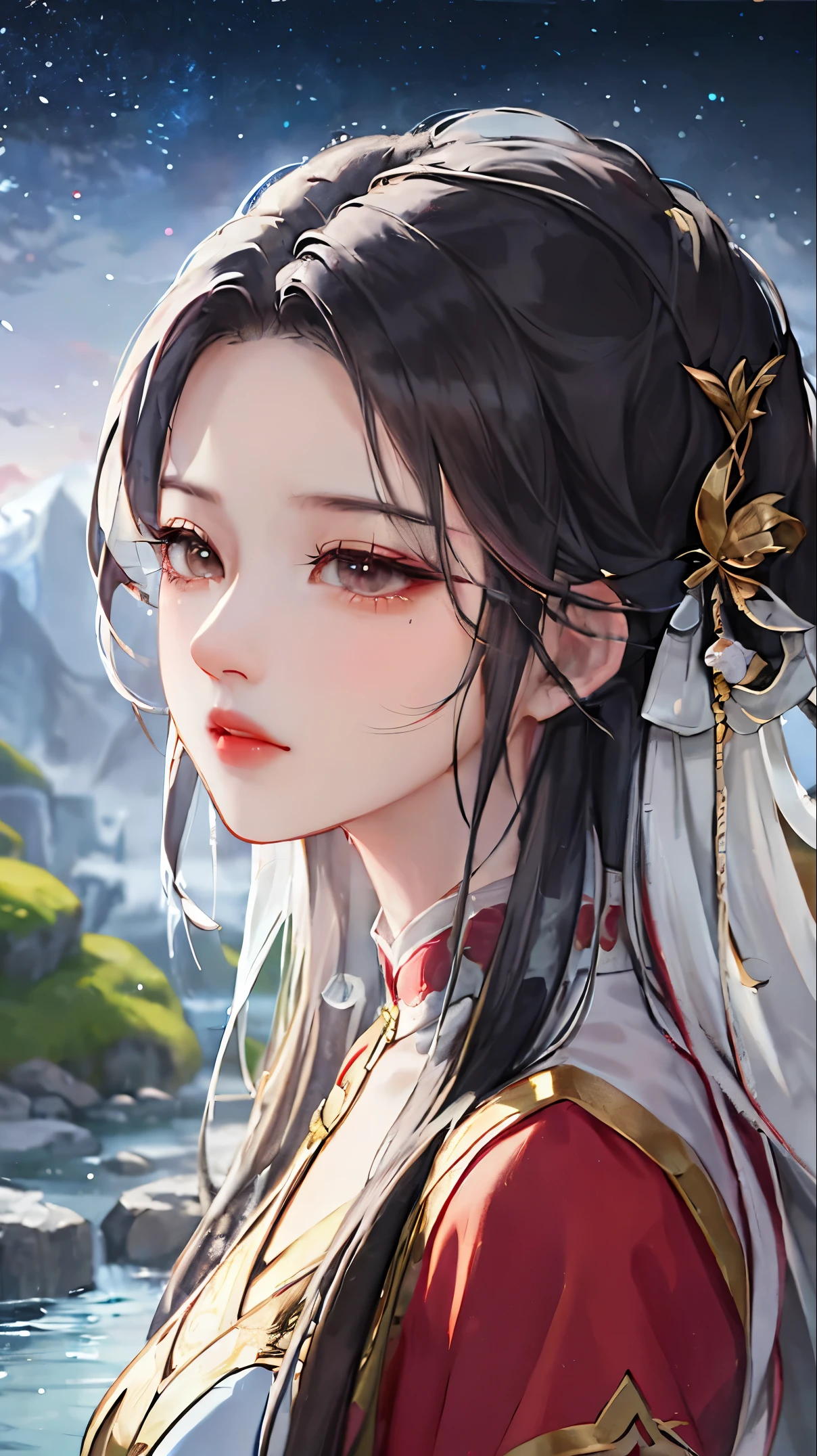 heroes&#39;A masterpiece in the style of ancient Wei Zi，Close-up of a woman with black hair，Red dress，mistic，Antique rhyme，Exquisite epic character art，Presenting stunning aesthetics and antique atmosphere，The delicate brushstrokes and depth of field in the picture make you immersed in the scene，Fan Qiwu quasi-world can be regarded as the beauty of mountains and rivers，Liu Yifei,Best quality at best，32k,