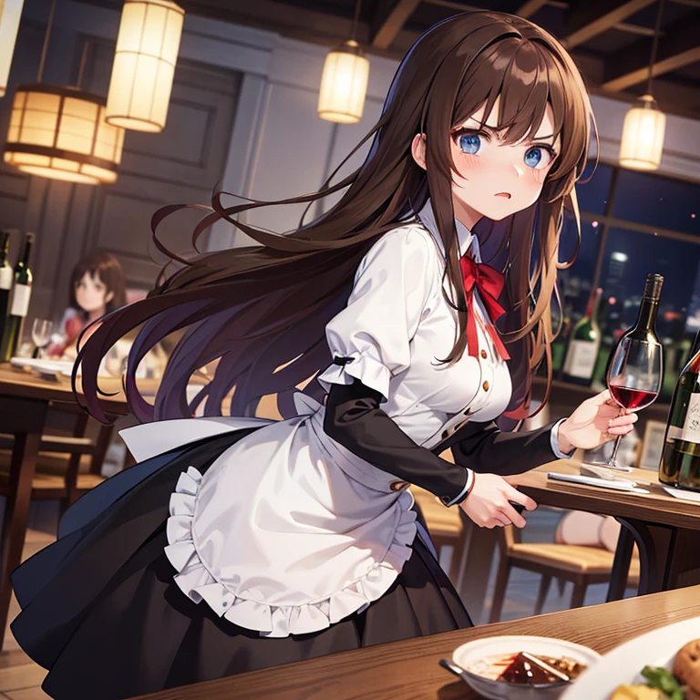 color anime illustration, masterpiece, best quality, highres, ultra detailed, ultra detailed background, high contrast, young woman, brown hair,long hair, blue eyes,wine glass, unhappy, confused, red face, slurred speech, drunk, friends, angry, disappointed, calm, rude, waiter, crowded, noisy, staring, tense, awkward, side view