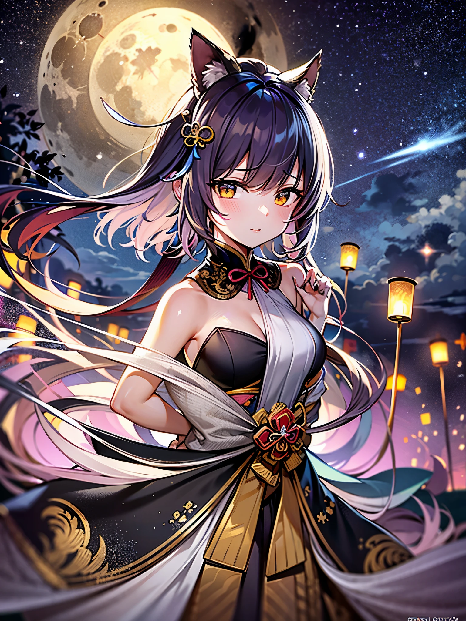 ((mate piece)), ((close-up)), (girl: 1.2), (big breasts), (black hair, short cut: 1.3), (cute pose: 1.2), plump, glossy lips, beautiful clear eyes, ( Best Smile), Spoken Heart, (Perfect Hands: 1.2), (Gold Theme: 1.4), (With Oiran: 1.3), (Maxi Length Black Kimono [with Gold]) Obi: 1.4), (Delicate Gold Embroidery and Flashy pattern: 1.3), (Off shoulder: 1.4), (Clogs: 1.2), (Flashy hair ornament: 1.3), (Super huge ribbon in front: 1.2), Waist: 1.3), Low angle shot, Golden Hold the ball in your hand, (Enchanting Light, Moonlight: 1.4), Golden swirls and filigree, Rainbow colored bubbles, Fantastic sparkle, Magical hologram sparkle, Must-have, Top quality, Super Detail, Masterpiece,