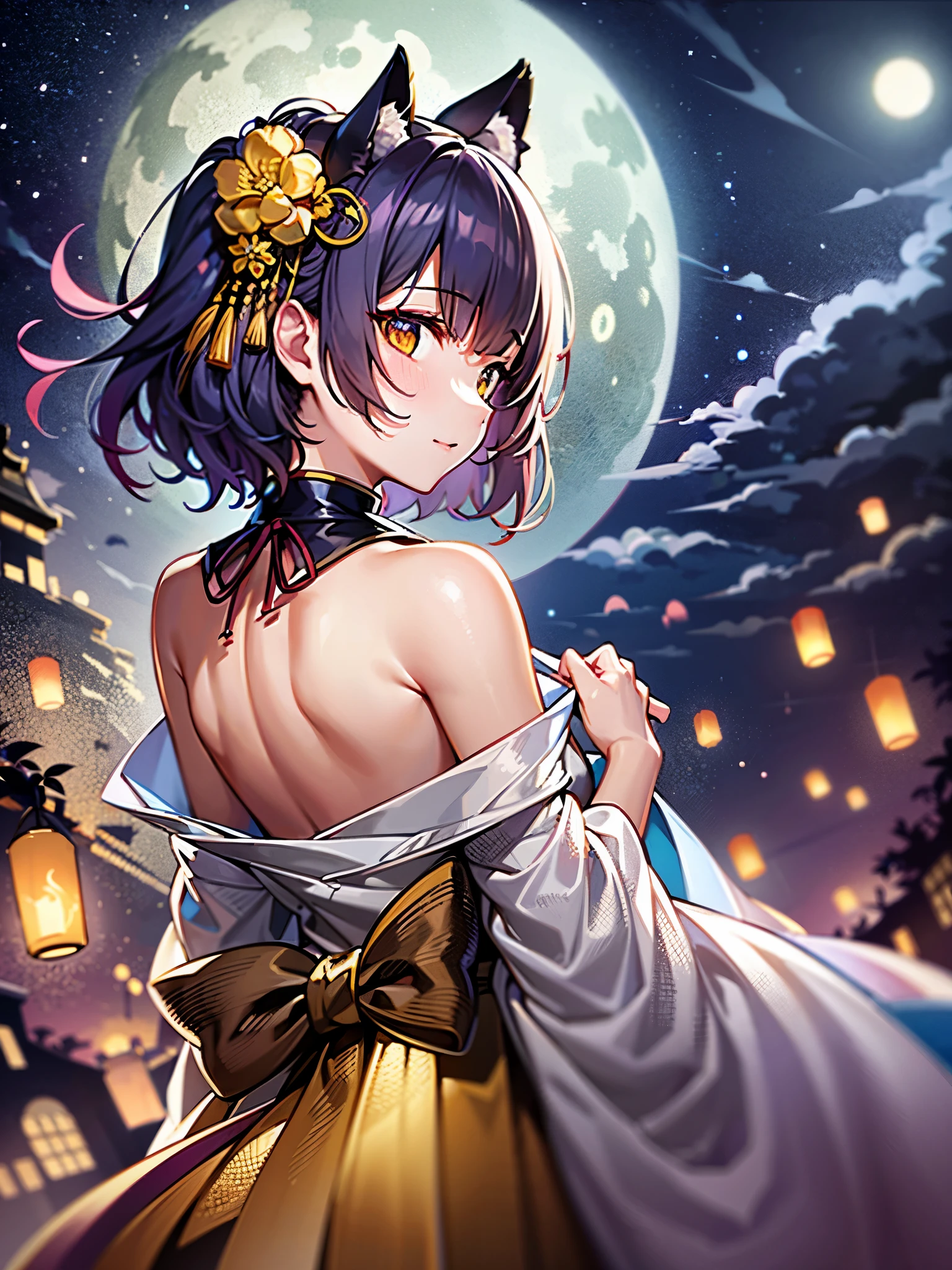 1 rapariga， ， themoon， lanterns， late， 独奏， ， Hair accessories， dampness， komono， komono， 涉Eau， Eau， 头发 floralloralteriors， Skysky， moon full， Sateen， Black hair， offshoulder， mont， Clouds， hugs， obi strip， of shoulders， lanterns， standing on your feet， 白色komono， nigh sky， sidefellatio， obi strip， dampness衣服， By bangs， The tree， 从sidefellatio面， Reflectors， short detailed hair， 多云的Skysky， dampness头发 （（（tmasterpiece），（highly detailed CG Unity 8k wallpapers）， quality，独奏，1girll，cinmatic lighting，detailed back ground，beatiful detailed eyeright pupils，（very fine and beautiful），（Beautifully detailed eye description），超詳細，tmasterpiece，））