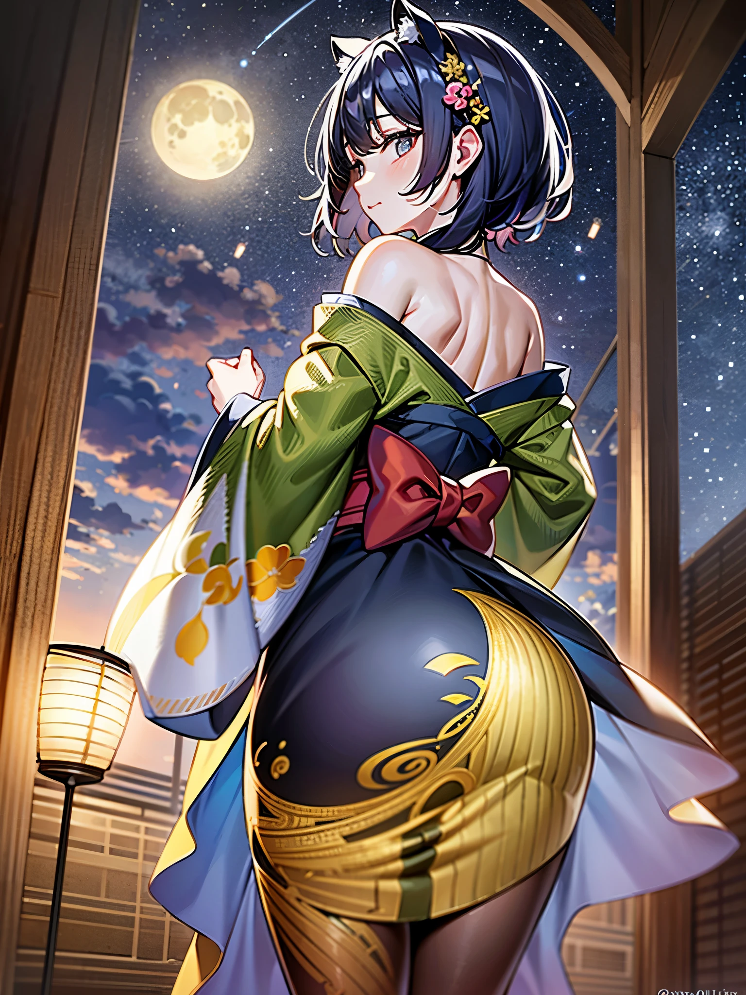 （masterpiece）、(highest quality)、((Super detailed))、(super delicate)、pastel colored hair、Beautiful side breasts、beautiful back、Beautiful butt、yukata、Hot spring at night、fantastic starry sky