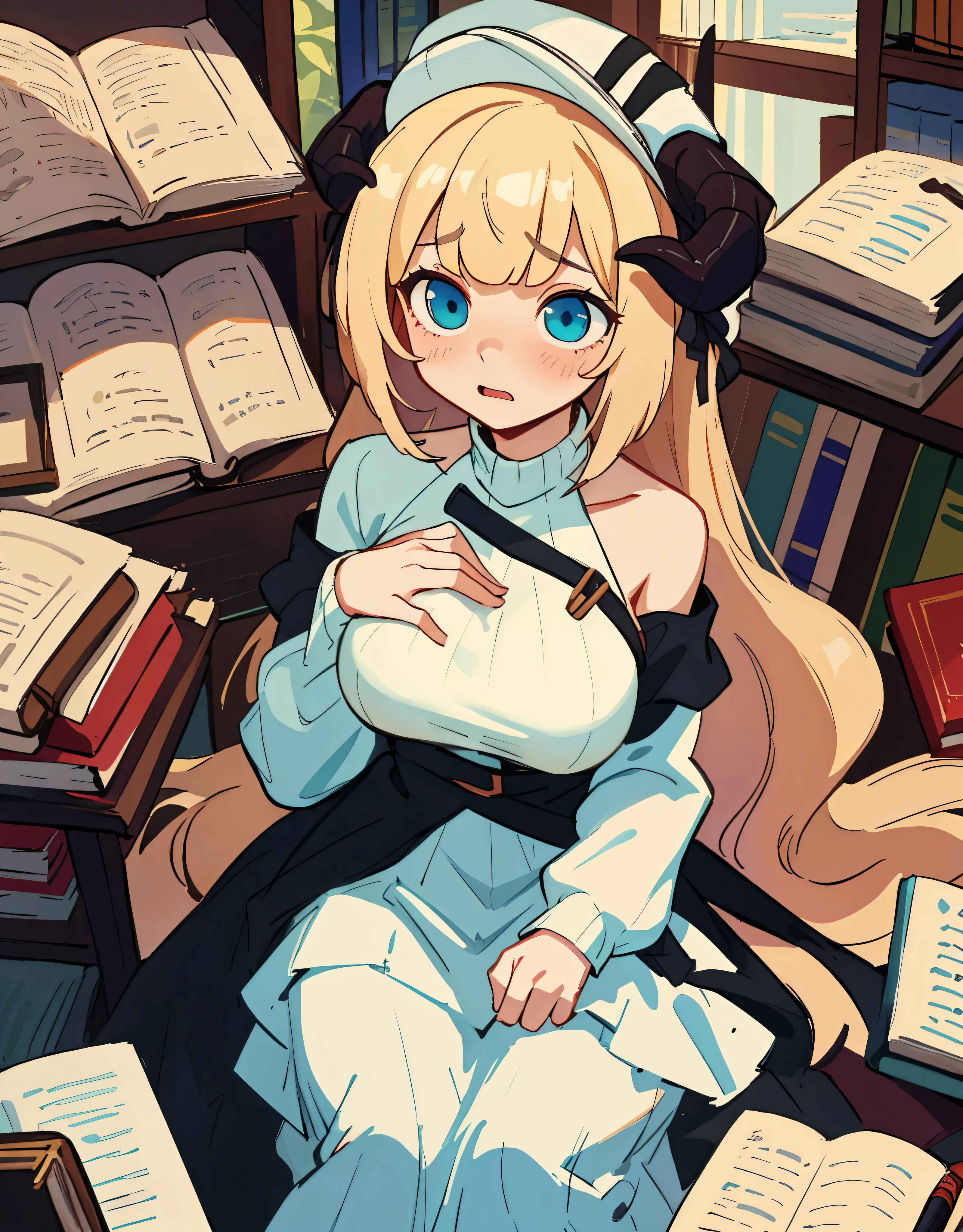 (tmasterpiece, Best quality at best, 详细的脸, 詳細な目, A high resolution, high qulity),ultra - detailed,Alone,from the above,looking-down,very long the hair,Embarrassing,white cap,off-shoulder stand-up sweater,light blue eyes,White long sleeves,nerds,Black_band, nerdsshelf,1个Giant Breast Girl, The blonde_the hair, 图nerds馆, sitted, Alone, Black horn,extremely giant breasts,(Place one hand on the breast),(Put a hand into her clothes)