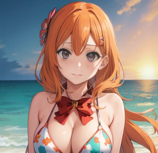 (masutepiece, Best Quality:1.2),Illustration,8K,hard disk,1girl in,Solo,Upper body,(Portrait:1.2),Large breasts,Orange hair,Long hair,Bow,grey  eyes,Hair Ornament,Hair Ornament，Bikini swimwear，pareo，sea side，sand beach，evening