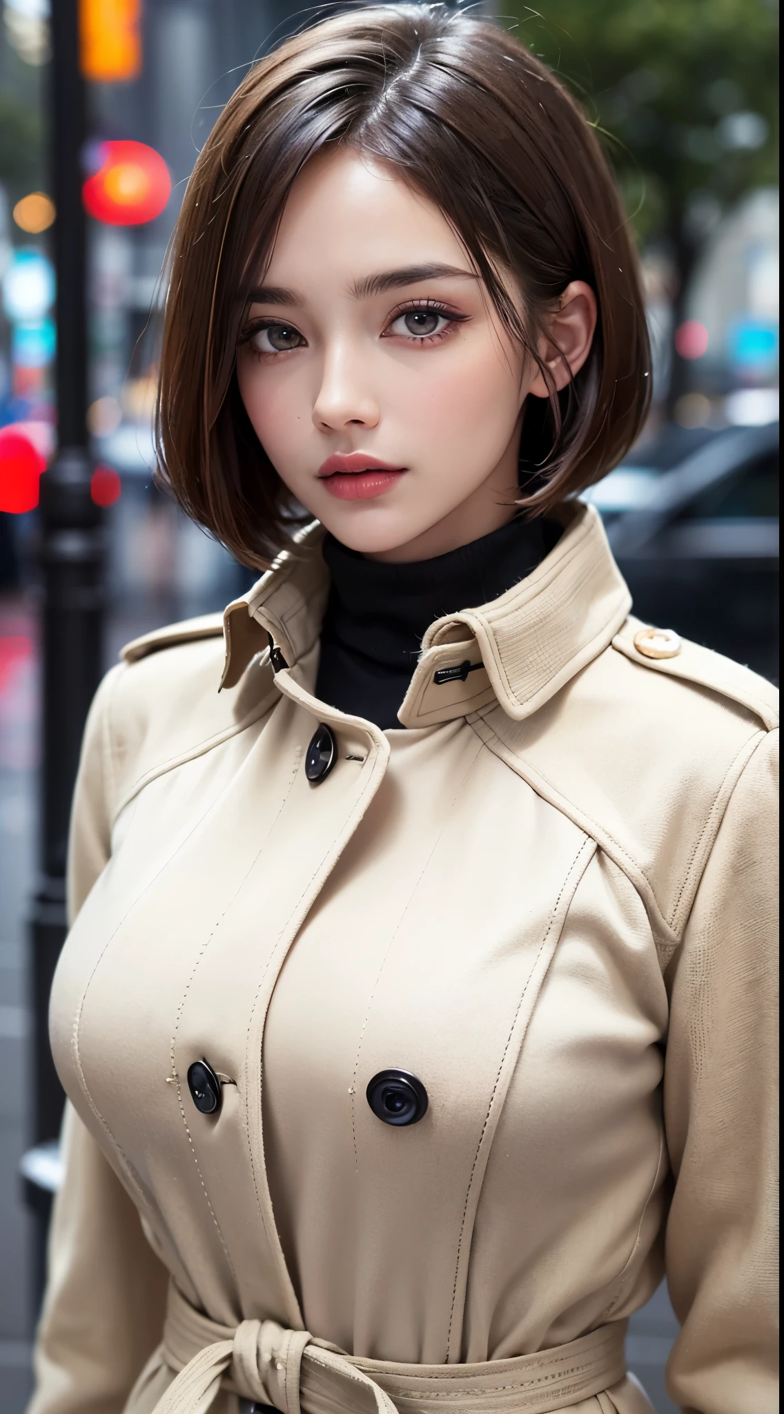(UHD, retina, masterpiece, accurate, anatomically correct, textured skin, super detail, high details, high quality, best quality, high res, 1080P, HD, 4K, 8k, 16k), (beautiful detailed eyes, beautiful detailed lips, extremely detailed eyes and face), studio lighting, physically-based rendering, vivid colors, (large breasts, glamorous body), (beige trench coat, turtleneck sweater), (portrait, bob cut, shiny hair, shiny skin, blush), (street corner on a rainy day, bokeh), eye reflection,