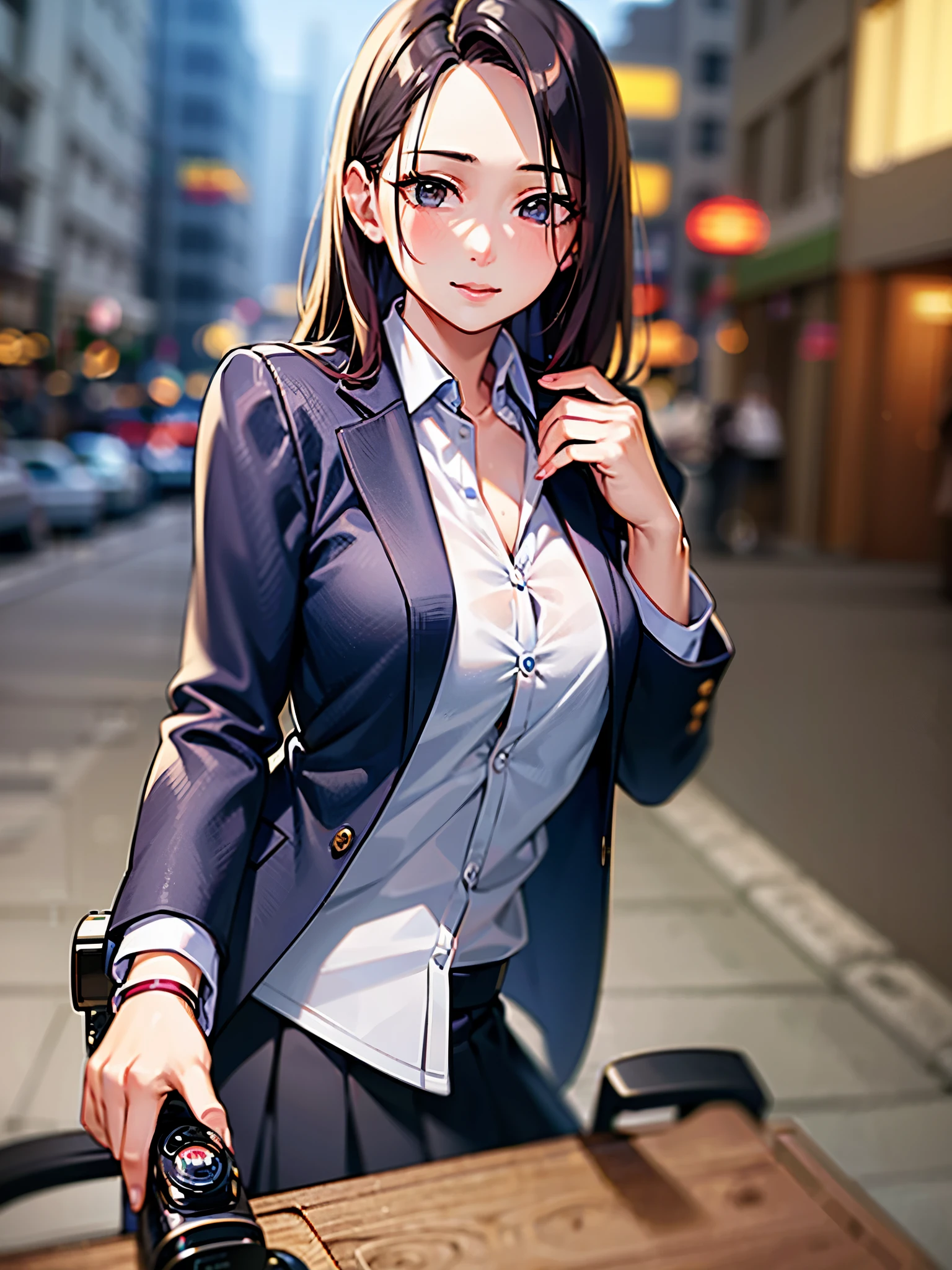 quality, tmasterpiece, 1 girl, pretty face, (photograph of-realistic:1.3), edge lit, (highdetailskin:1.2), 8K超k hd, SLR camera, high qulity, k hd, 4K, 8K, bokeh, (of a real: 1.etty face, cute one-girl, black formal blazer, middlebreast, short skirt,office room