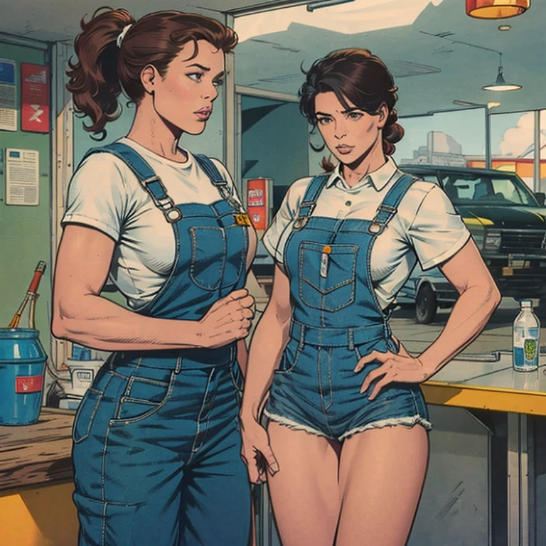Fox with human characteristics,strong arms ,strong legs,evil gaze,wearing blue and white overalls,With guns in hand ,and several dead chickens on the ground
