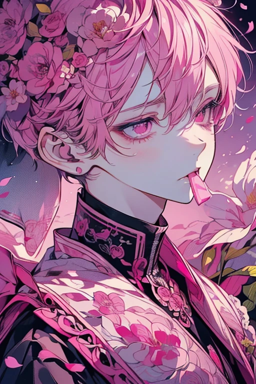 (masutepiece), (Best Quality), Highly detailed, 1 boy, Solo Focus,Perfect face, Beautiful face, extra detailed face,(Light pink hair:1.3),(Shining pink eyes:1.4),(Opening Mouth:1.4),(Facing the front:1.4),(Teary-eyed:1.3),(flower petals:1.4)