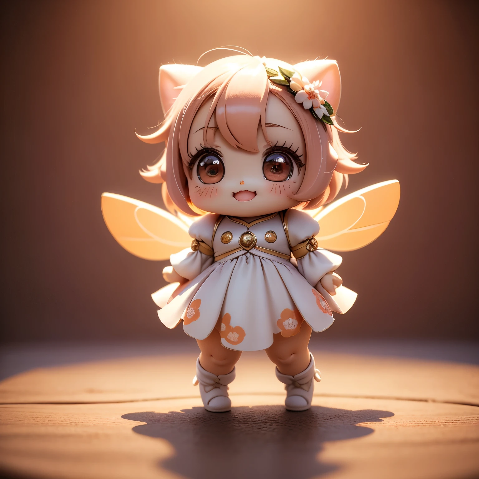 masterpiece、top-quality、ultra-detailliert、(Chibi Chara's Daughter:1.2),peaches,peachesの姿をしたちびキャラ,fairy wings,White Bob,Full-body standing figure,Open your mouth and smile, peach fruit art wallpaper,Vivid color scheme,best depiction