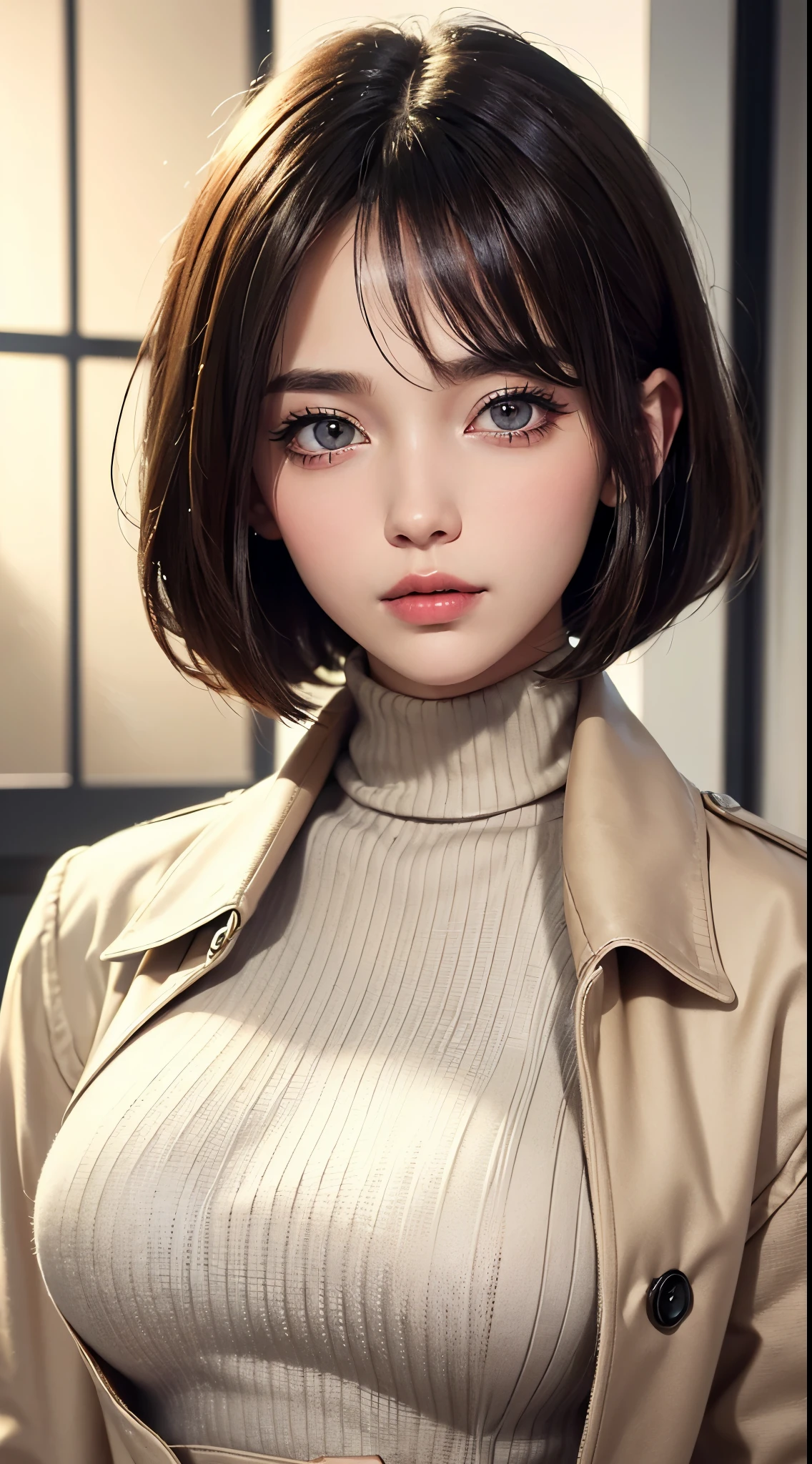 (UHD, retina, masterpiece, accurate, anatomically correct, textured skin, super detail, high details, high quality, best quality, high res, 1080P, HD, 4K, 8k, 16k), (beautiful detailed eyes, beautiful detailed lips, extremely detailed eyes and face), studio lighting, physically-based rendering, vivid colors, (large breasts, glamorous body), (beige trench coat, turtleneck sweater), (portrait, bob cut, shiny hair, shiny skin, blush), (art gallery, bokeh), eye reflection,