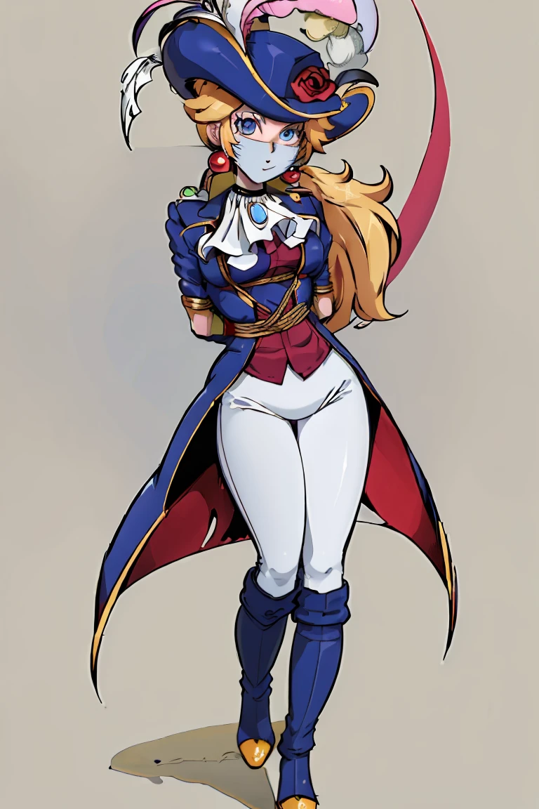 ((masterpiece,best quality)), absurdres, Swordfighter_Peach, solo, 1girl, hat, blonde hair, blue eyes, jewelry, earrings, long hair, rapier, hat feather, pants, ascot, red rose, hat flower, ponytail, tight white pants, white gloves, boots, blue jacket, long sleeves, smiling, looking at viewer, cowboy shot,  cinematic composition, (shibari, arms behind back:1.6), (full mask otn gag), (full body view, full body shot, standing), masked, ((tight blue latex mask)), ((blue mask))