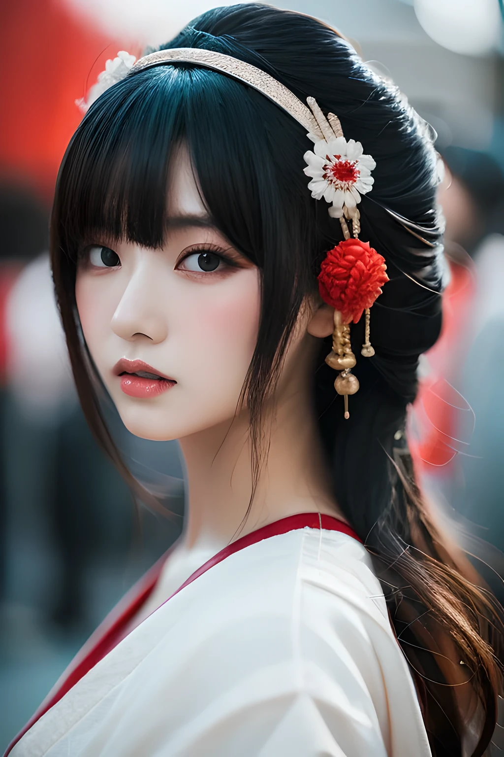 Japanese geisha beautiful image wallpaper, In the style of Joel Robison, pale white and deep red, Samyang AF 14mm f/2.8 RF, classic figurative realism, 500–1000EC, sculptures, Influenced by anime