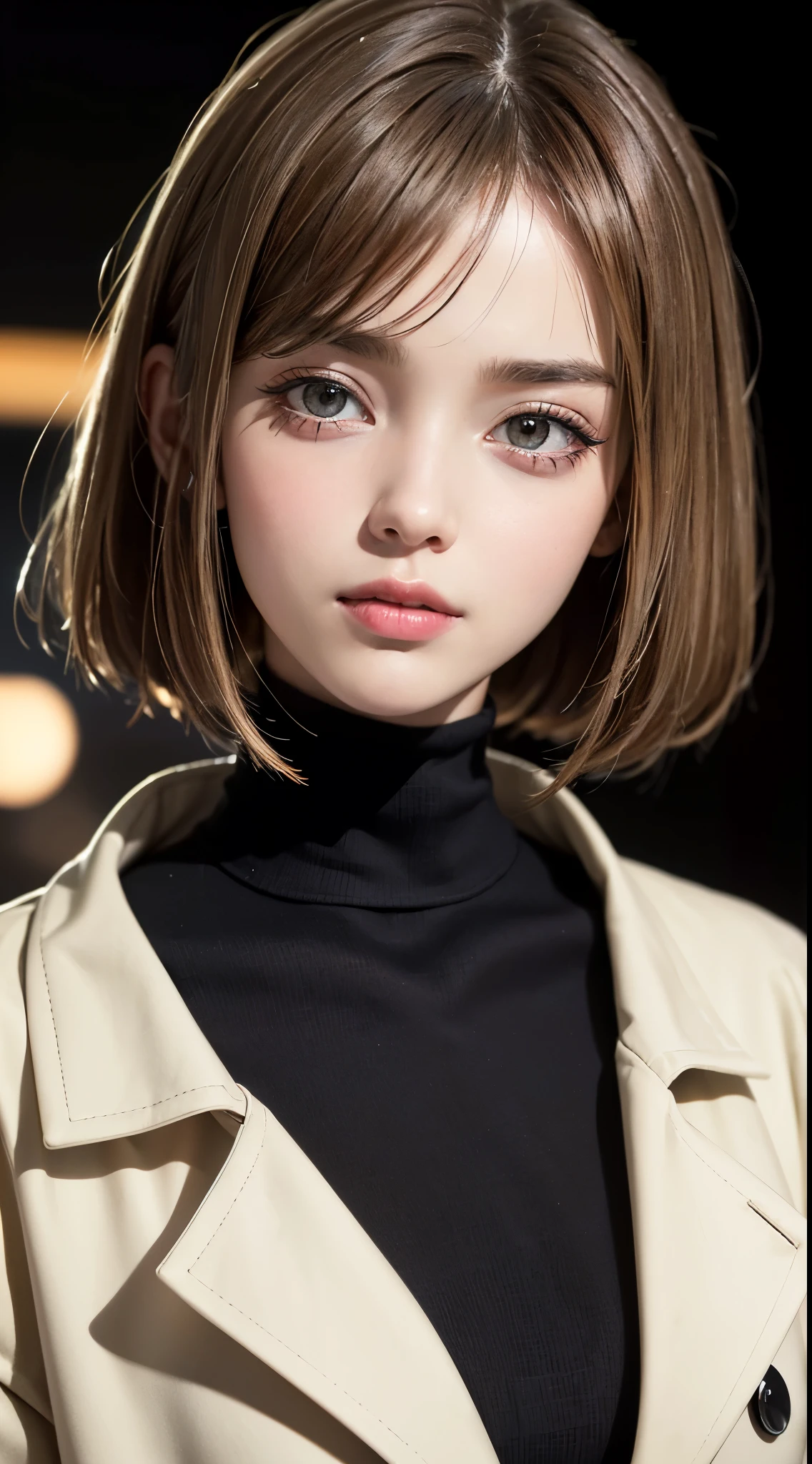 (UHD, retina, masterpiece, accurate, anatomically correct, textured skin, super detail, high details, high quality, best quality, high res, 1080P, HD, 4K, 8k, 16k), (beautiful detailed eyes, beautiful detailed lips, extremely detailed eyes and face), studio lighting, physically-based rendering, vivid colors, (large breasts, glamorous body), (beige trench coat, turtleneck sweater), (portrait, bob cut, shiny hair, shiny skin, blush), (contemporary art, bokeh), eye reflection,