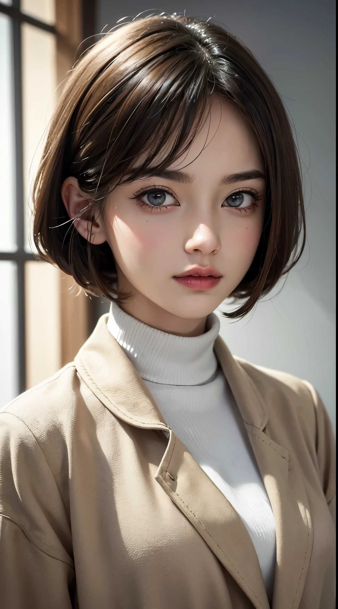 (UHD, retina, masterpiece, accurate, anatomically correct, textured skin, super detail, high details, high quality, best quality, high res, 1080P, HD, 4K, 8k, 16k), (beautiful detailed eyes, beautiful detailed lips, extremely detailed eyes and face), studio lighting, physically-based rendering, vivid colors, (large breasts, glamorous body), (beige trench coat, turtleneck sweater), (portrait, bob cut, shiny hair, shiny skin, blush), (contemporary art, bokeh), eye reflection,
