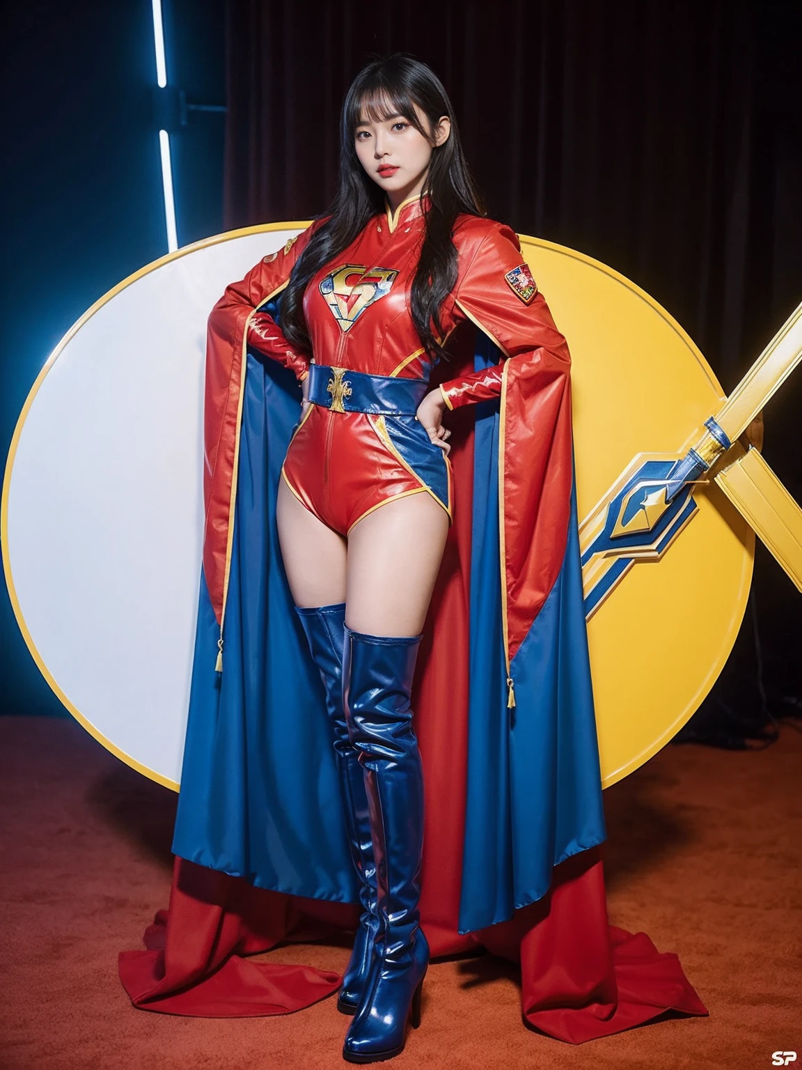 Cg Chinese superwoman wears yellow shield shape on her chest「S」The symbol wears an all red and blue jumpsuit，Long cloak hanging on the back, It&#39;s wearing red over-the-knee boots, Standing full body GG realistic super power special effects.