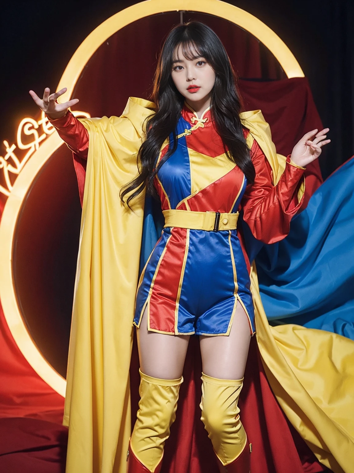 Cg Chinese superwoman wears yellow shield shape on her chest「S」The symbol wears an all red and blue jumpsuit，Long cloak hanging on the back, It&#39;s wearing red over-the-knee boots, Standing full body GG realistic super power special effects.