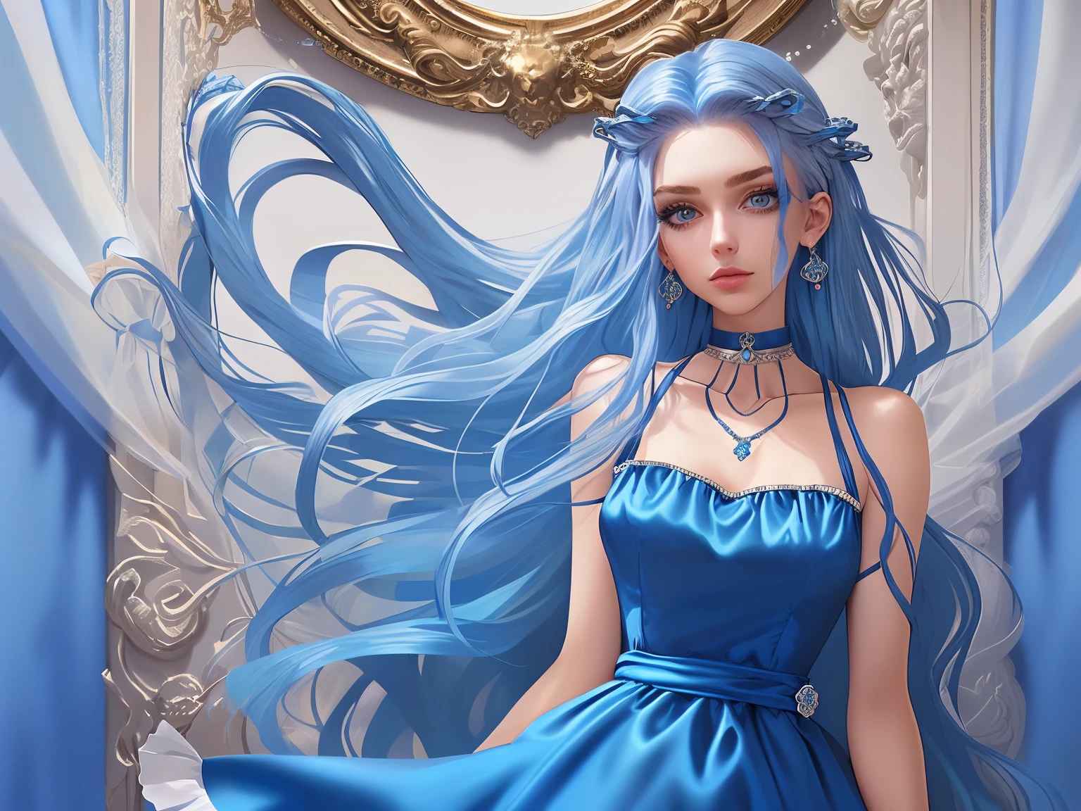Best quality at best, masterious, detailed hair, A high resolution, (((Itching))) ,choker necklace, hair adornments, (pretty face), a blue dress, looking at viewert, Blue hair, Permanent, (Above the waist),Medusa